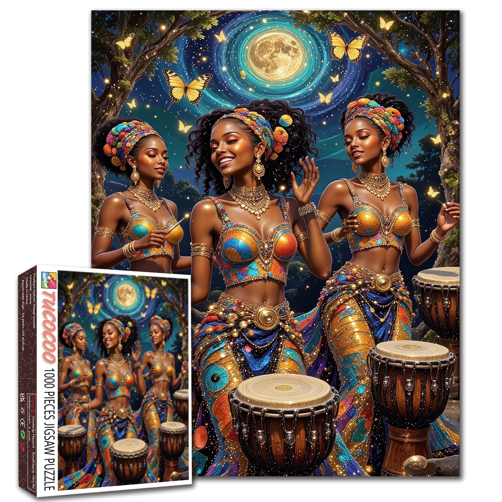 Tucocoo African Women Black Girl Jigsaw Puzzles 1000 Pieces for Adults, Africa Female Drummer Pieces Fit Together Perfectly 19.7''x27.6''inch Moonlit Night Musical Performance Joy Puzzle Art