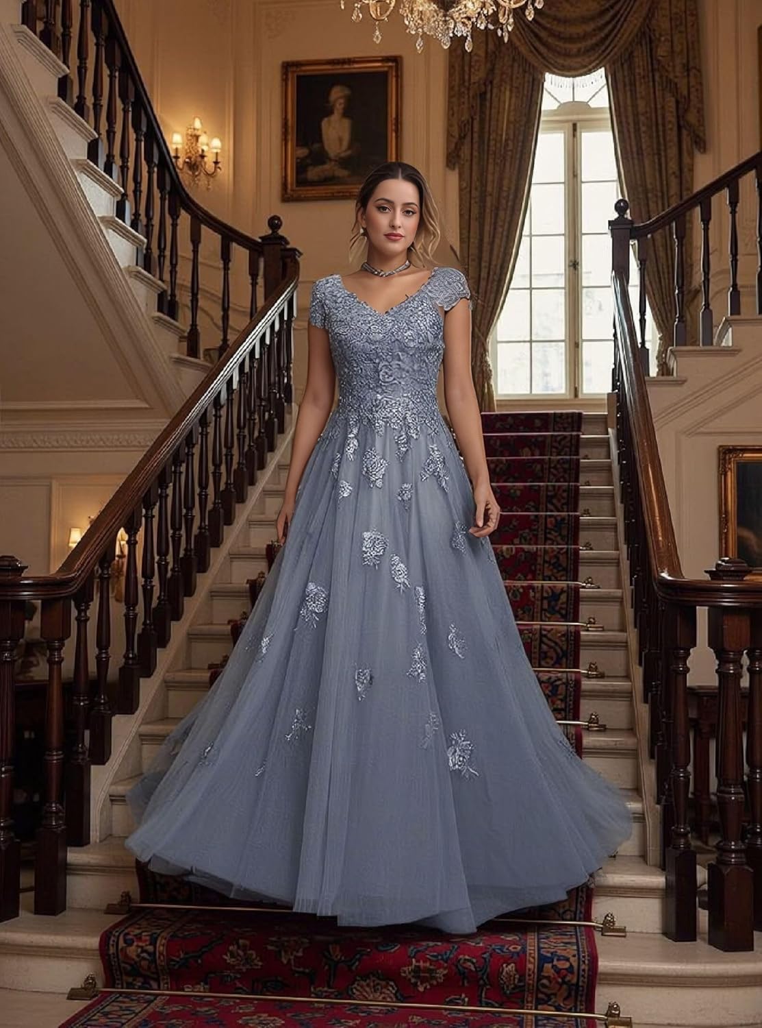 Mother of The Bride Dresses V Neck Lace Appliques Formal Dress Cap Sleeves Grandmother of The Groom Dress