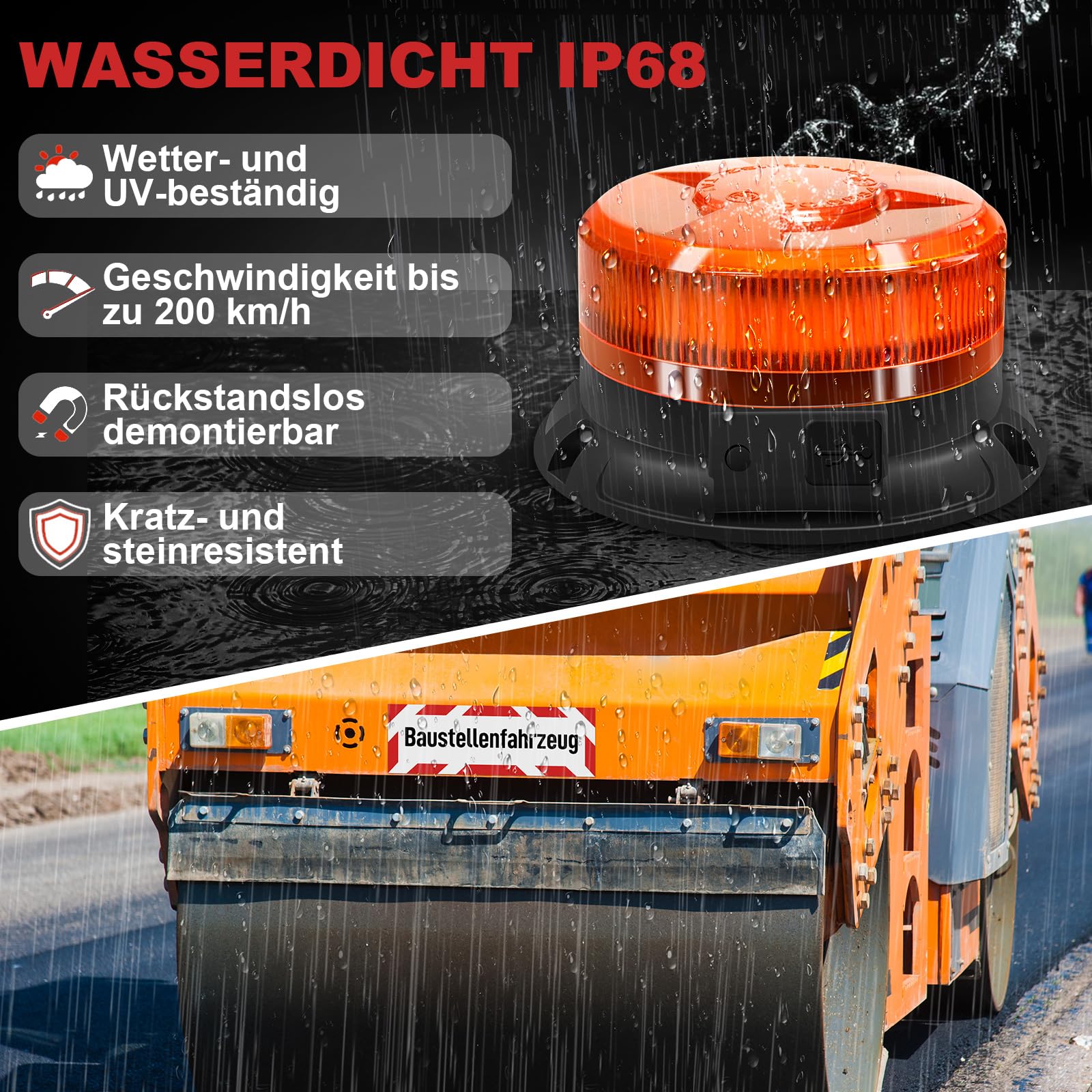 AnTom rundumleuchte akku 12V und Baustellenfahrzeug als Magnetfolie 45 x 15 Warntafel 24V Gelb Warnleuchte led magnet für Baustellenfahrzeug