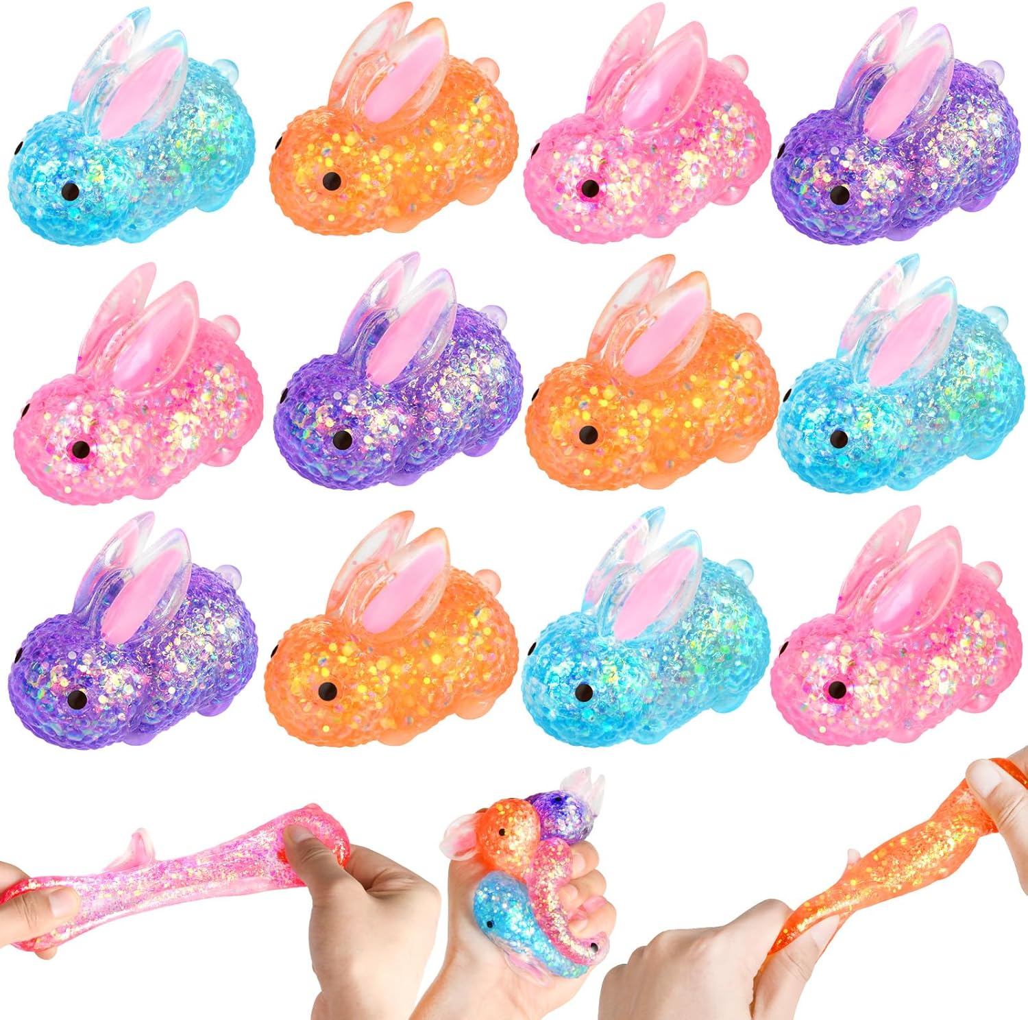 KIZZYEA 12 Pack Bunny Squishy Toys, Glitter Squishy Rabbits Fidget Sensory Toys for Kids, Stretchy Stress Toys, Squeeze Toys for Classroom Prizes, Party Favors, Goodie Bags, Treasure Box Toys