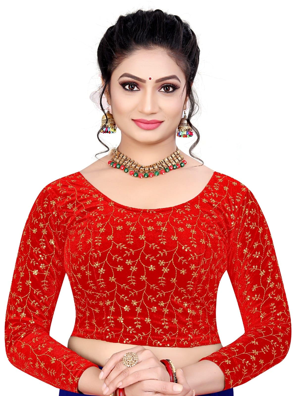 KRISHNVATIKAWomen Blouses Original Velvet Fabric Full Sleeves Sequence and Thread Embroidery Readymade Blouse