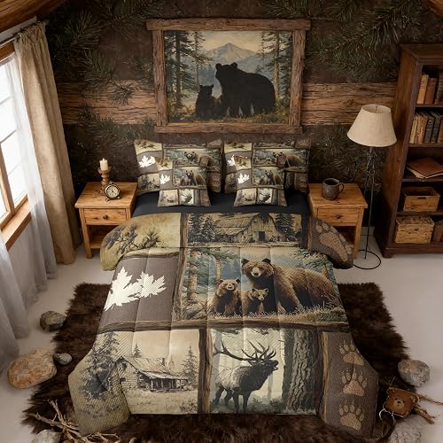 Erosebridal Grizzly Bear Deer Plaid 7 Piece Full Comforter Set,