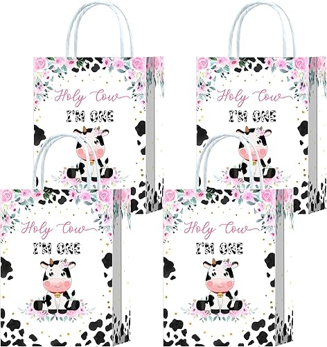 Tyndallrays 16 bolsas de regalos de fiesta de primer cumpleaños, diseño de vaca sagrada, regalo de primer cumpleaños, aperitivos, dulces, bolsas con