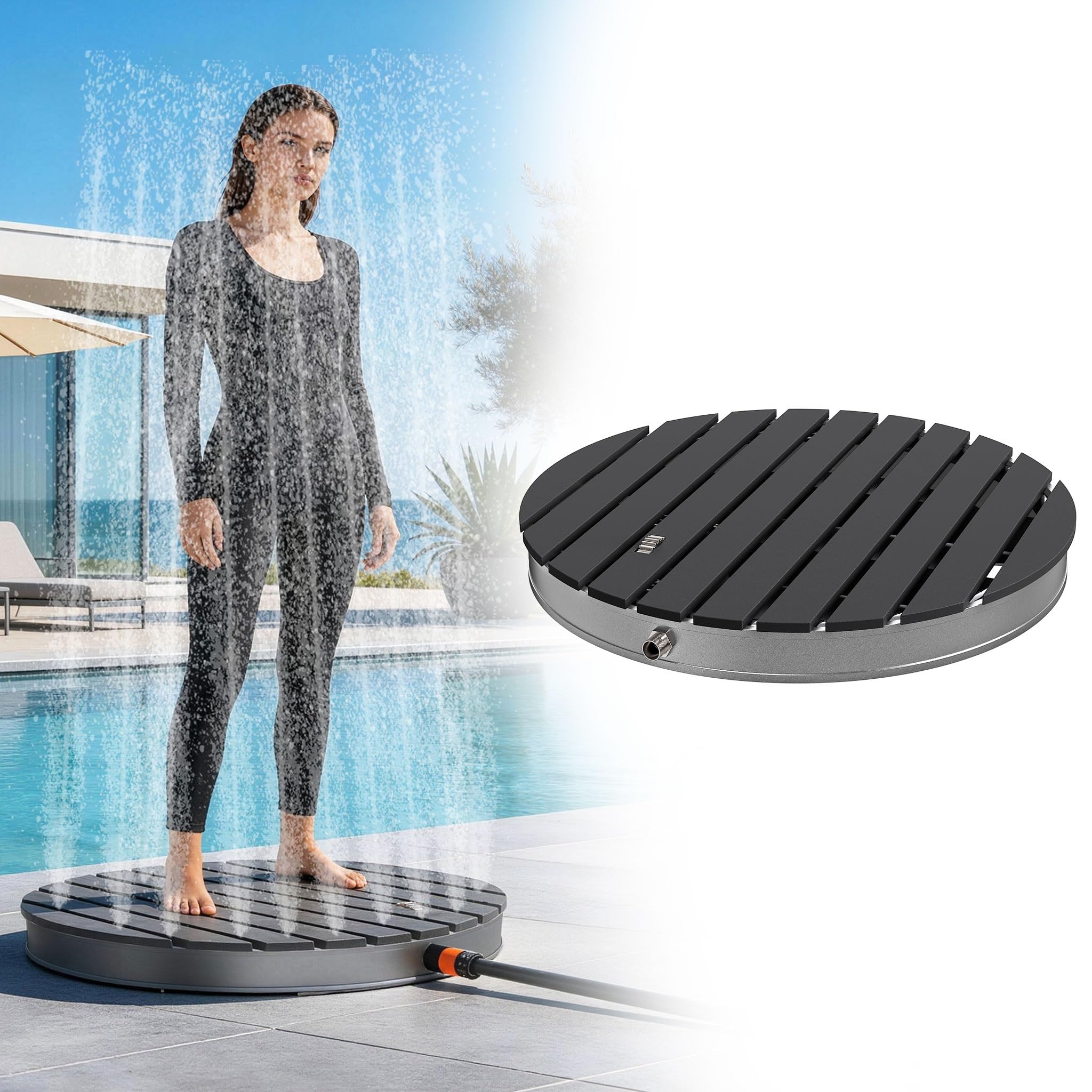 UISEBRT WPC Gartendusche Bodendusche mit Fußrad bis 4 m Fontänenhöhe,rutschfest wetterfest Frost- & UV-Beständig Saunadusche Außendusche für Pool, Camping, Sauna, Hundewäsche