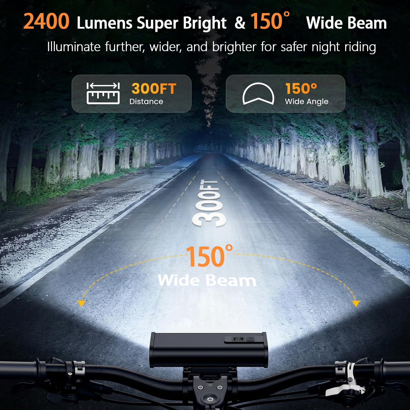 15 luces LED de 2400 lúmenes, recargable por USB, 4800 mAh, luces de bicicleta para conducción nocturna, 150° de haz ancho, 4+4 modos de iluminación, IPX6, barra de luz impermeable para