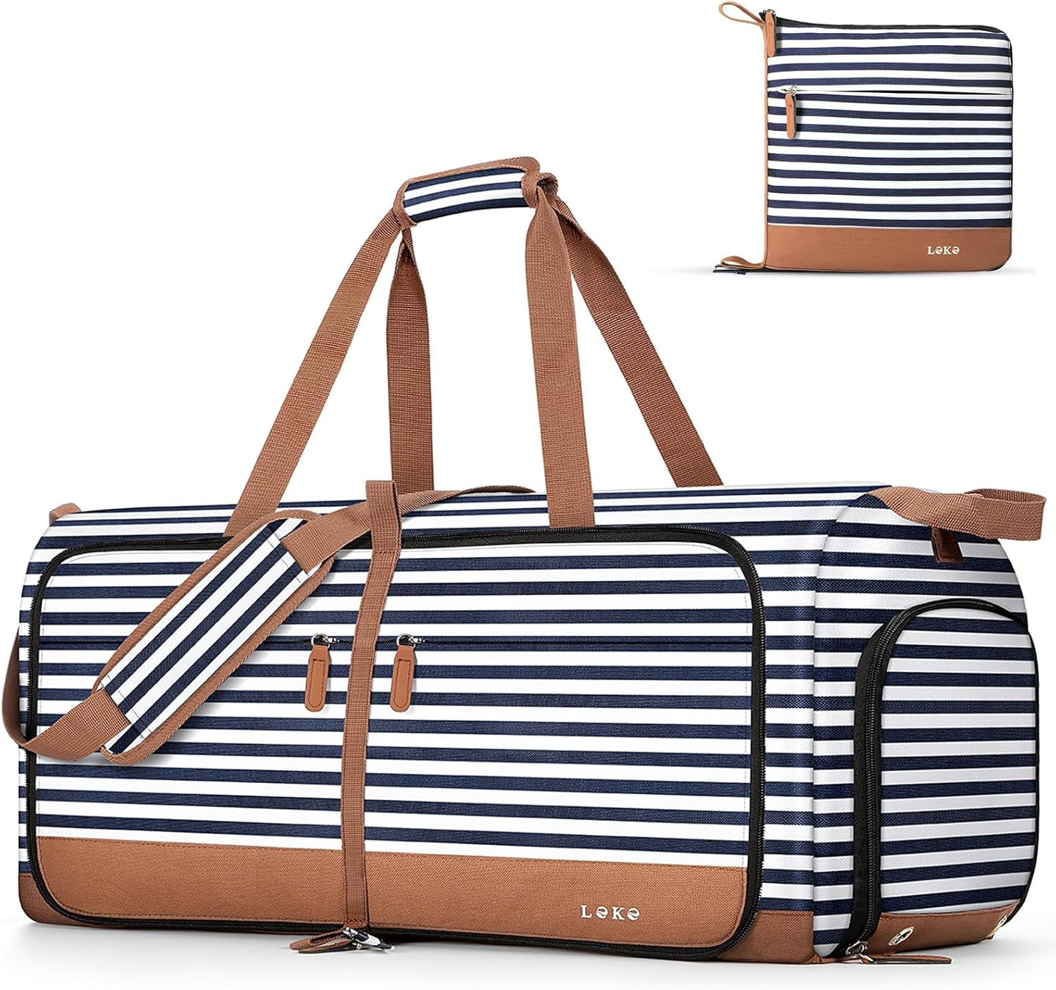 Lekesky Foldable Travel Duffle Bag for Women, 60L Large Duffel Bag with Separate Shoes Compartments & Straps, Carry On Weekend Bag for Women, Hospital, Overnight (Blue Stripes) Lekesky Foldable Travel Duffle Bag for Women, 60L Large Duffel Bag with Separate Shoes Compartments & Straps, Carry On Weekend Bag for Women, Hospital, Overnight (Blue Stripes)