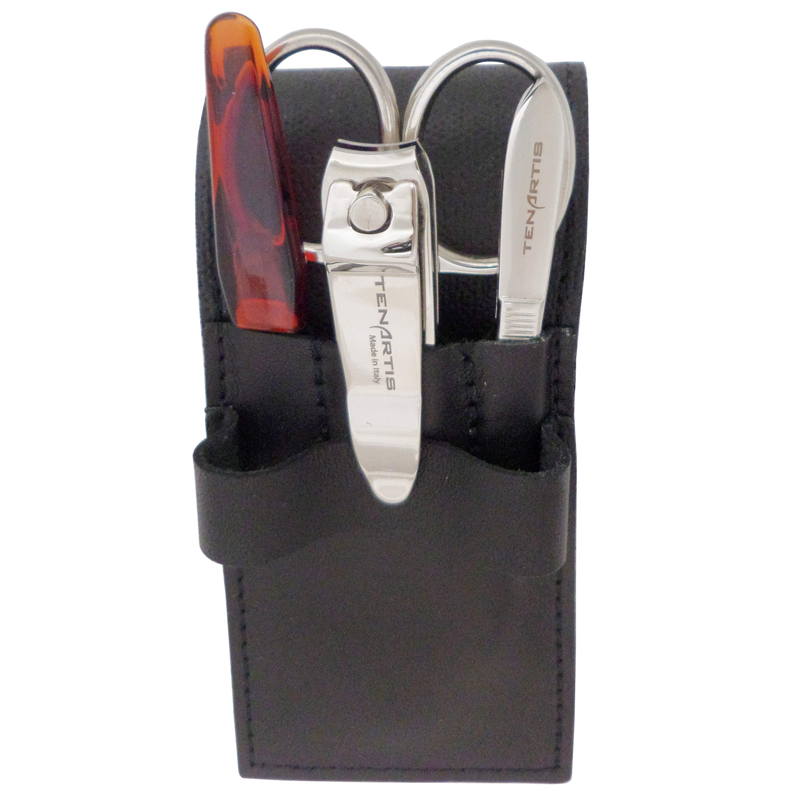 Kit Manicure 4 Pezzi in Vera Pelle con Tagliaunghie - Tenartis 378 Made in Italy (Nero)