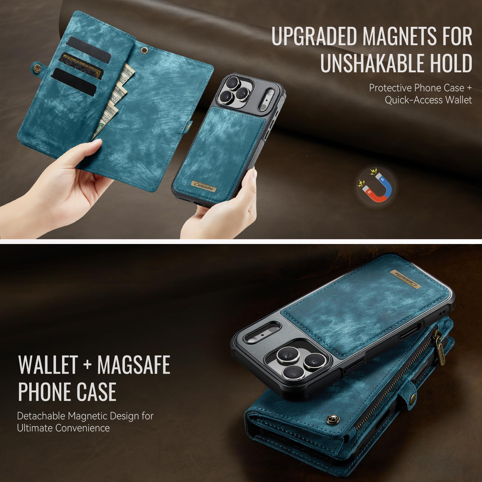 Funda Cartera Magnética Desmontable de Piel para iPhone 17 Pro MAX - Antigolpes y Multifunción con Soporte, Ranuras para Tarjetas, Carga Inalámbrica y Correa Extraíble, Azul