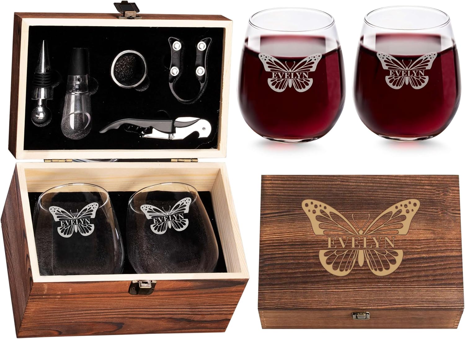 Custom Set of 2 Stemless Wine Glasses and Accessories with Engraved Wine Box Monarch Butterfly with Peronsalized Name Mom, Sister, Coworker Gift for Her