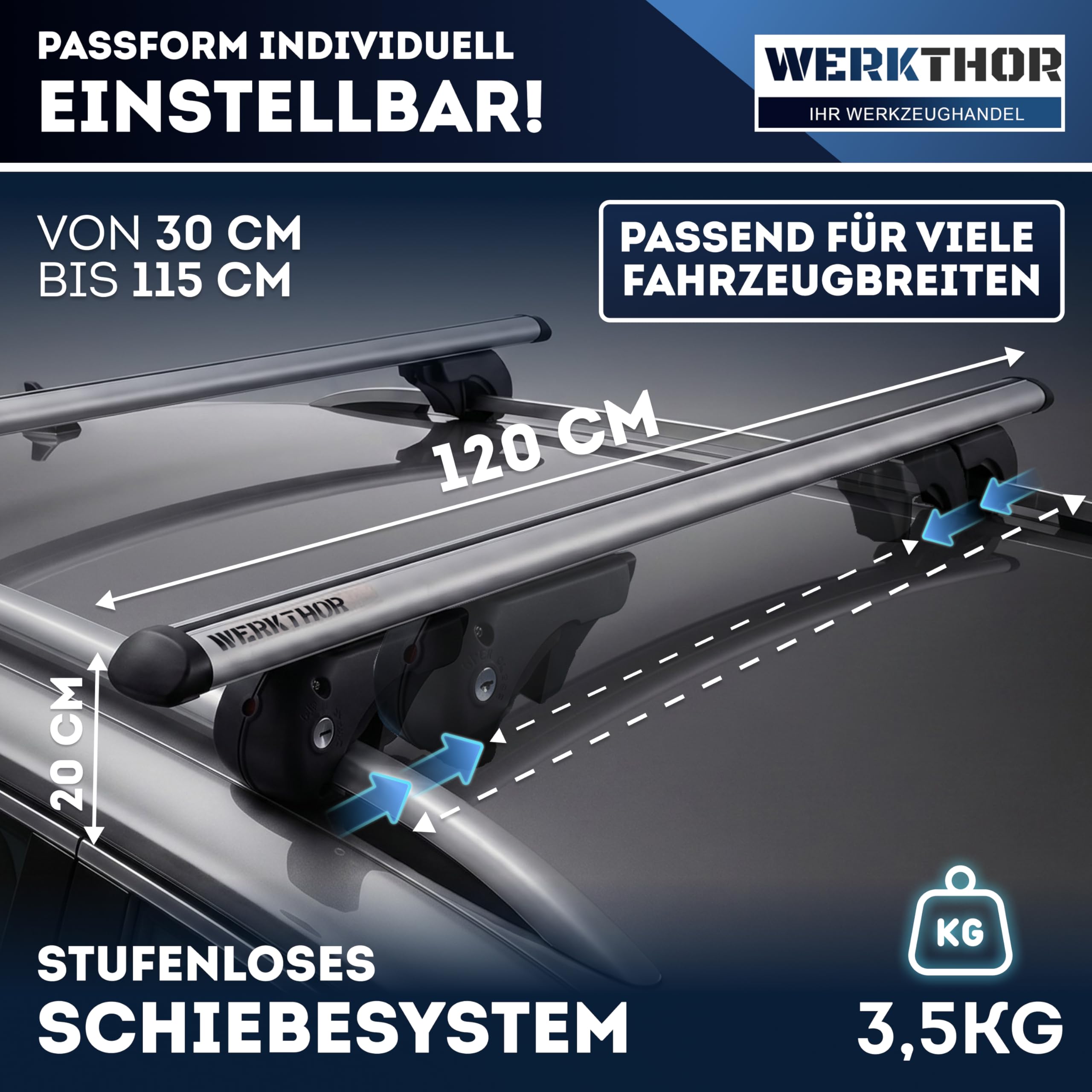 WERKTHOR Alu Dachträger 120cm für Offene Reling – Aerodynamischer Relingträger Vormontiert & Abschließbar – Auto Dachträger 90kg – Universal für Dachbox & Fahrrad