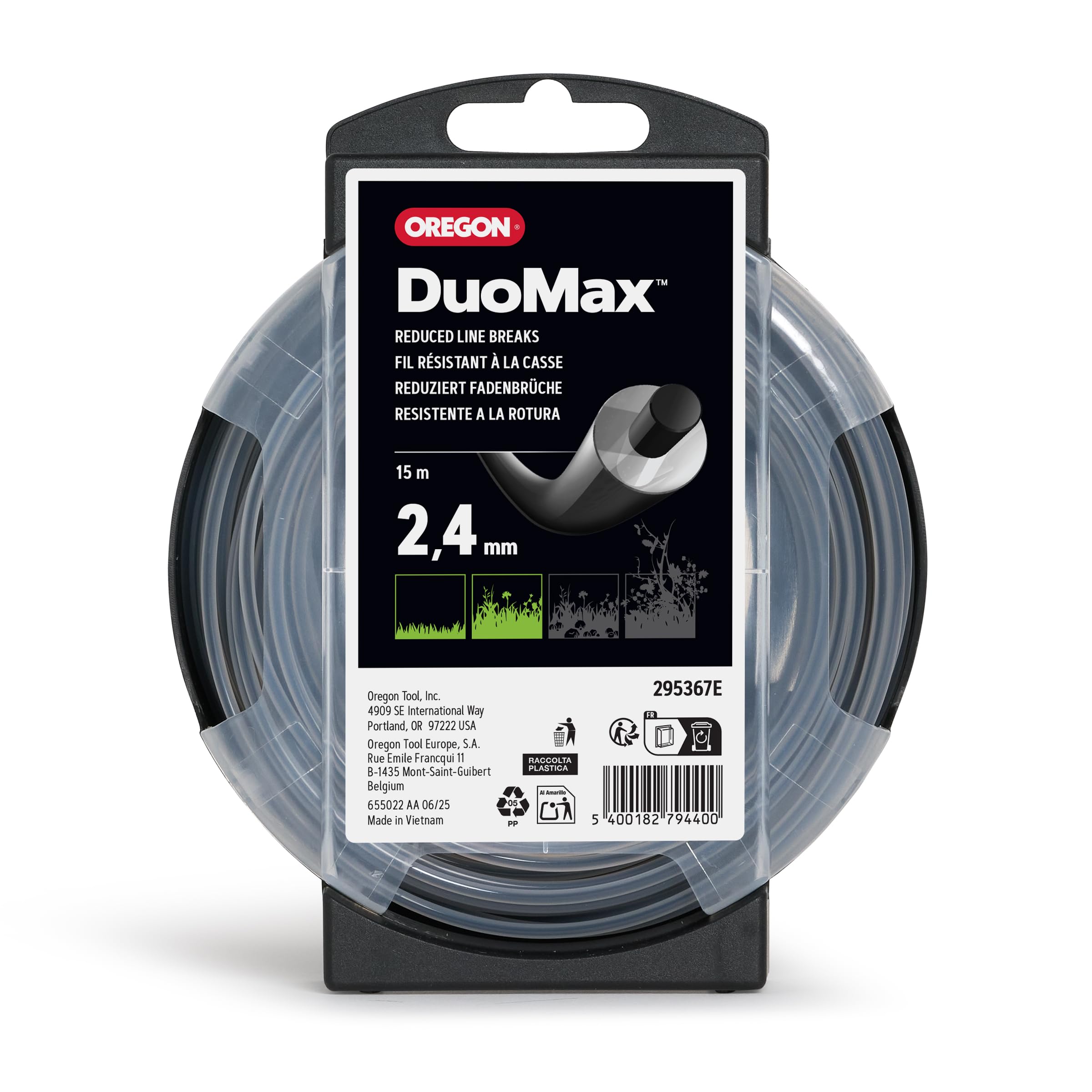 Oregon Round 2.4mm Strimmer Line, Durable Dual Material Line, Tackles Grass, Weeds & Thick Vegetation, Professional Heavy Duty Strimmer Wire, Fits Most Standard Models, 2.4 mm x 15 m (295367E)