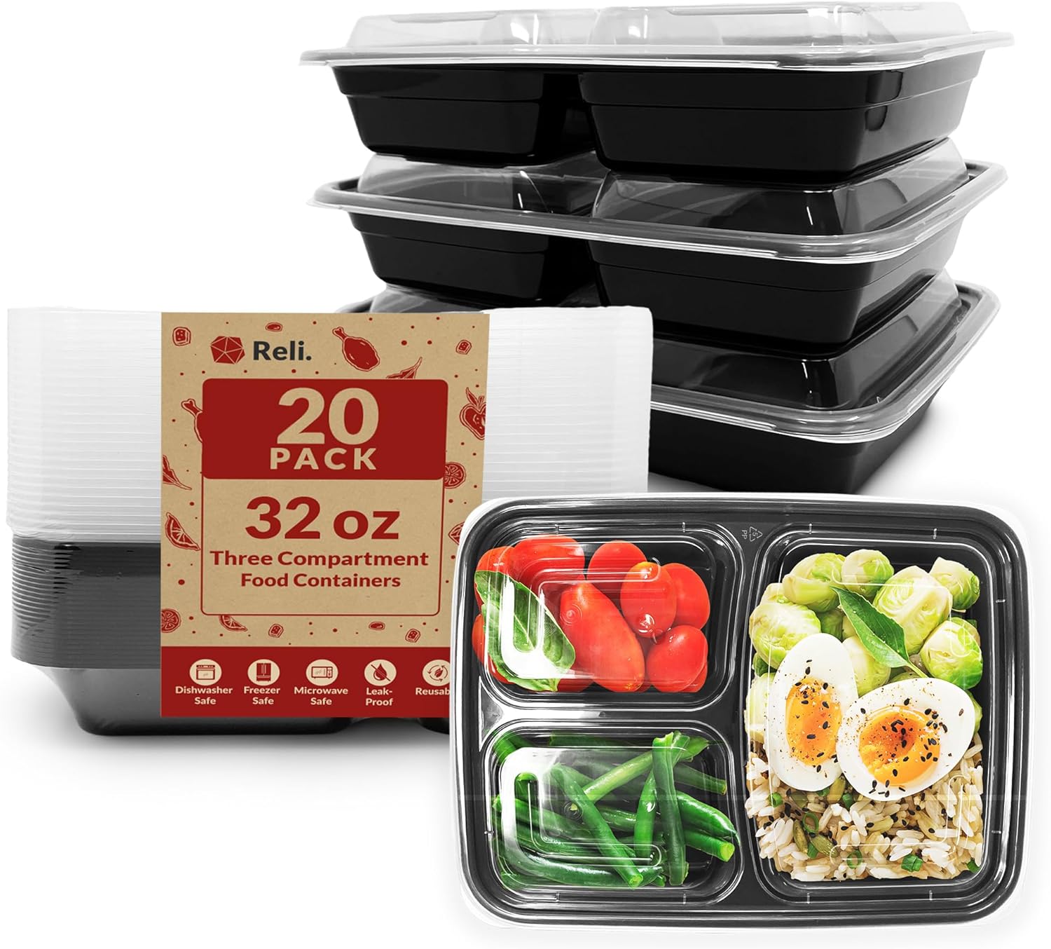 Reli. Meal Prep Containers 32 oz (20 Pack) 3 Compartment Meal Prep Containers Reusable, Microwave Safe | Plastic Togo Containers for Food | Meal Prep Container for Takeout, To Go, Leftover, Food Prep