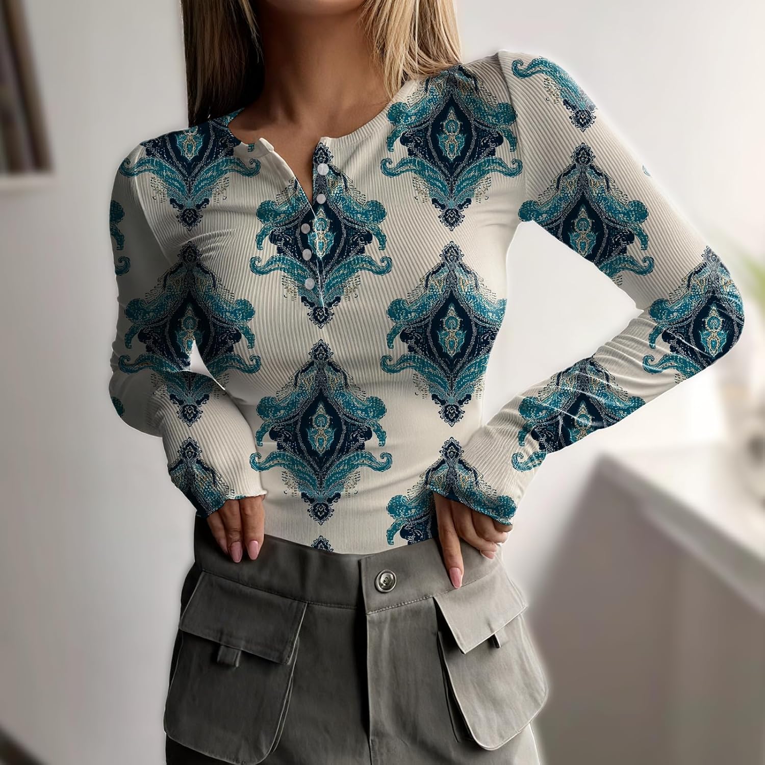 Long Sleeve Casual Long Sleeves Women 2025 Henley T Shirts Button Down Slim Fit Casual Tops Graphic Regular Shirt - Image 2