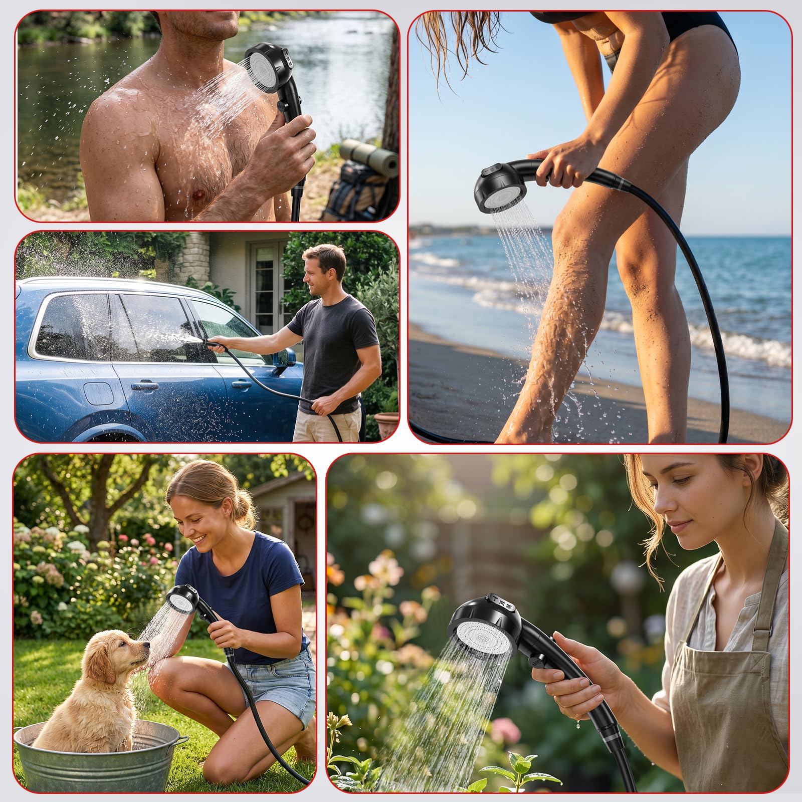 Douche portable pour campeurs, pompe de douche d'extérieur rechargeable pour randonnée et voyage, douche de randonnée à main avec débit d'eau réglable, douche compacte légère pour la plage, le