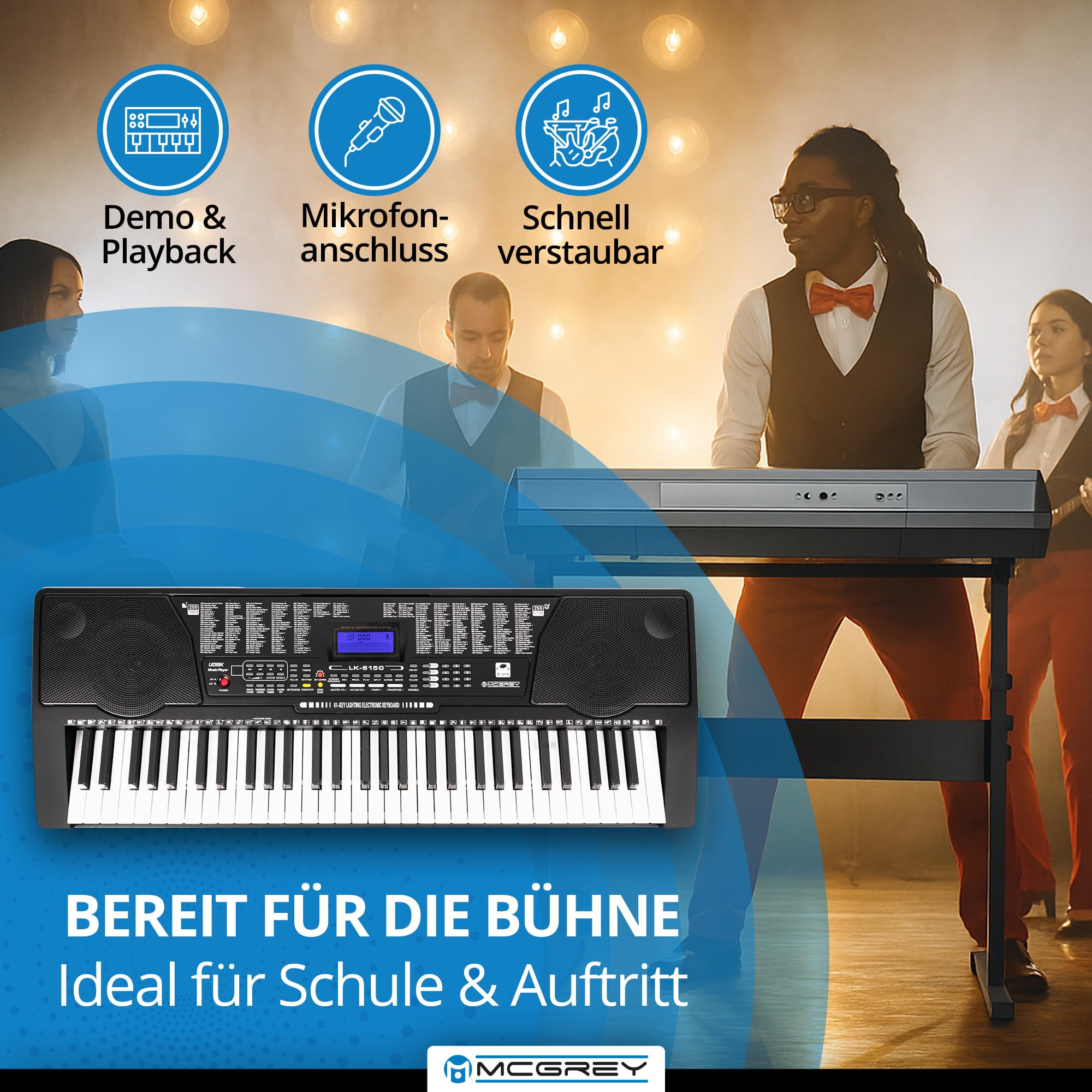 McGrey LK-6150 61 Tasten Set - Elektronisches Keyboard mit 61 Tasten - Leuchttasten und Lautsprecher - inkl. Z-Ständer - Schwarz