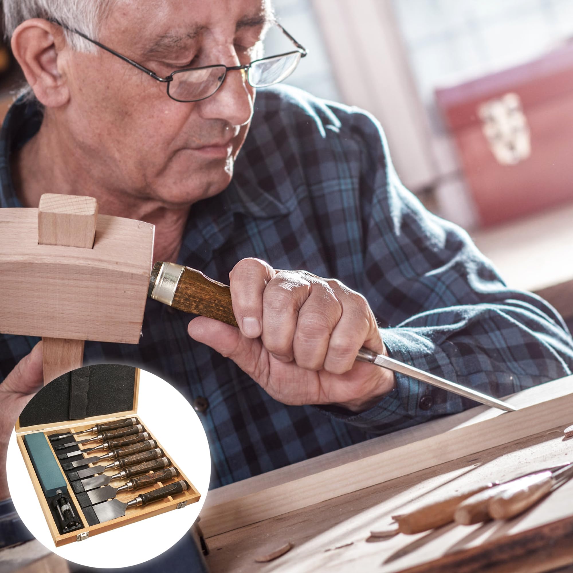 8 Stück Stechbeitel Set Für Holz, Stemmeisen Schleifstein Set, Holzbearbeitungswerkzeuge Holzschnitzerei Hand Meißels Werkzeug Holzbearbeitung Schwarznuss mit Schärfgerät Holzmeißel Chisels Set
