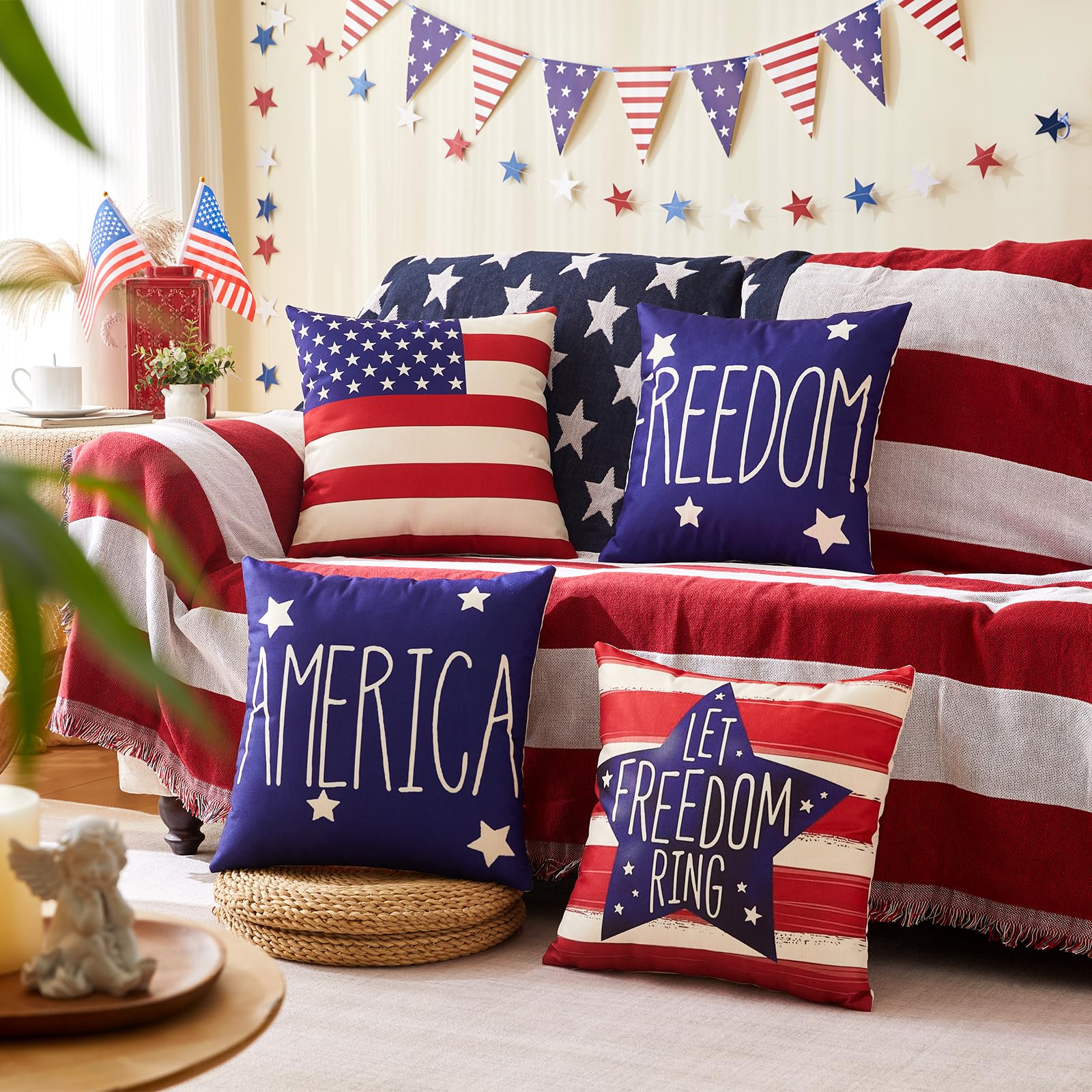 4th of July Pillow Covers 18x18 Inch,Set of 4 Patriotic Red White Blue Summer Outdoor Throw Pillow Covers,Independence Memorial Day USA Flag Linen Fourth of July Cushion Case for Sofa Couch Decor 4
