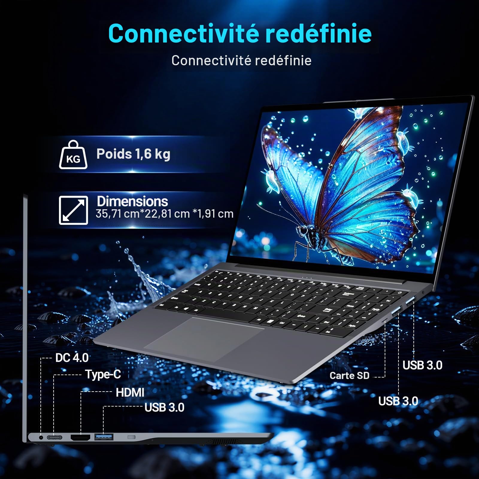 PC Portable 15,6", Core jusqu'à 3,4 GHz, 8Go RAM 256Go SSD