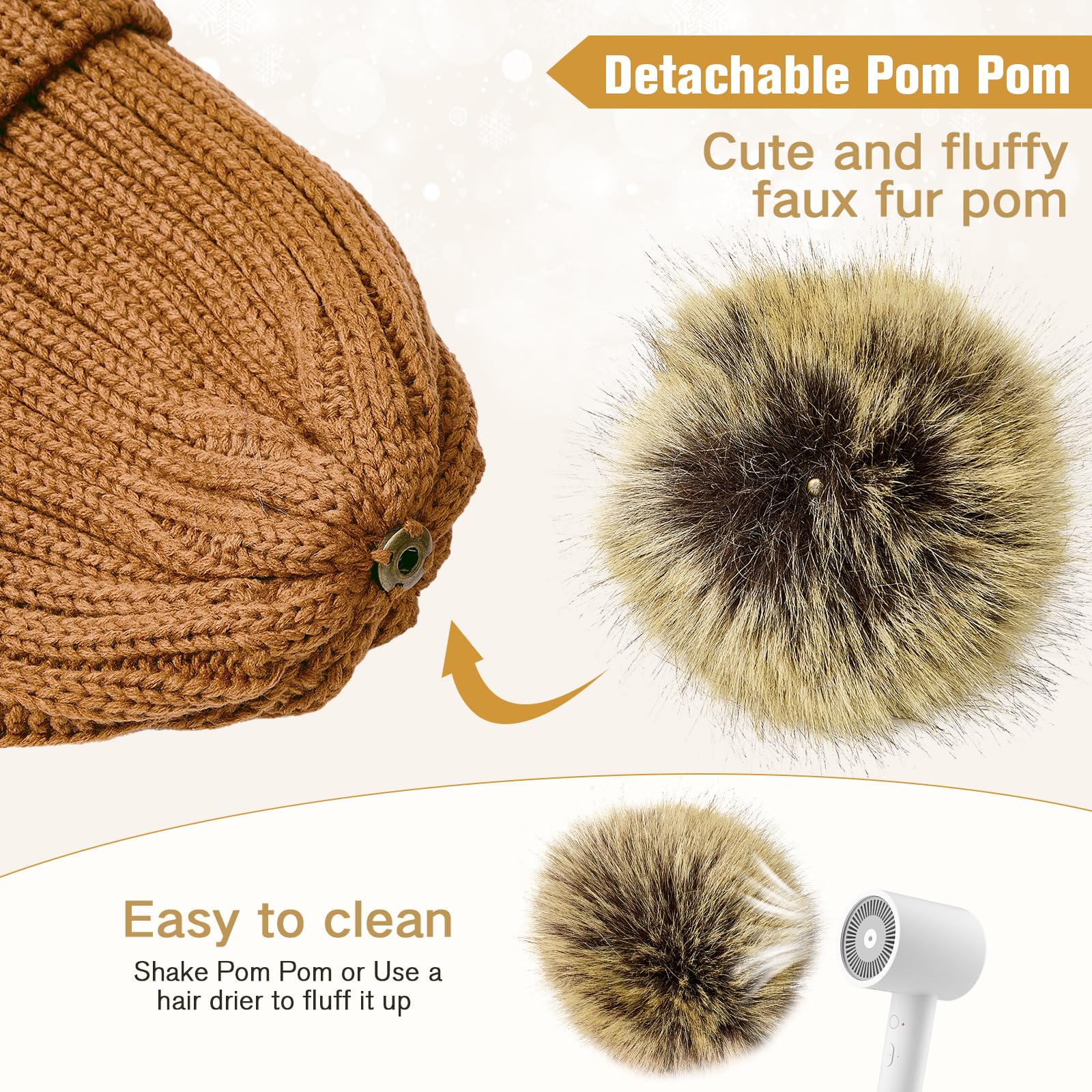 Gorro de invierno con forro de satén para mujer, gorro de invierno con forro de seda, gorro con pompón desmontable