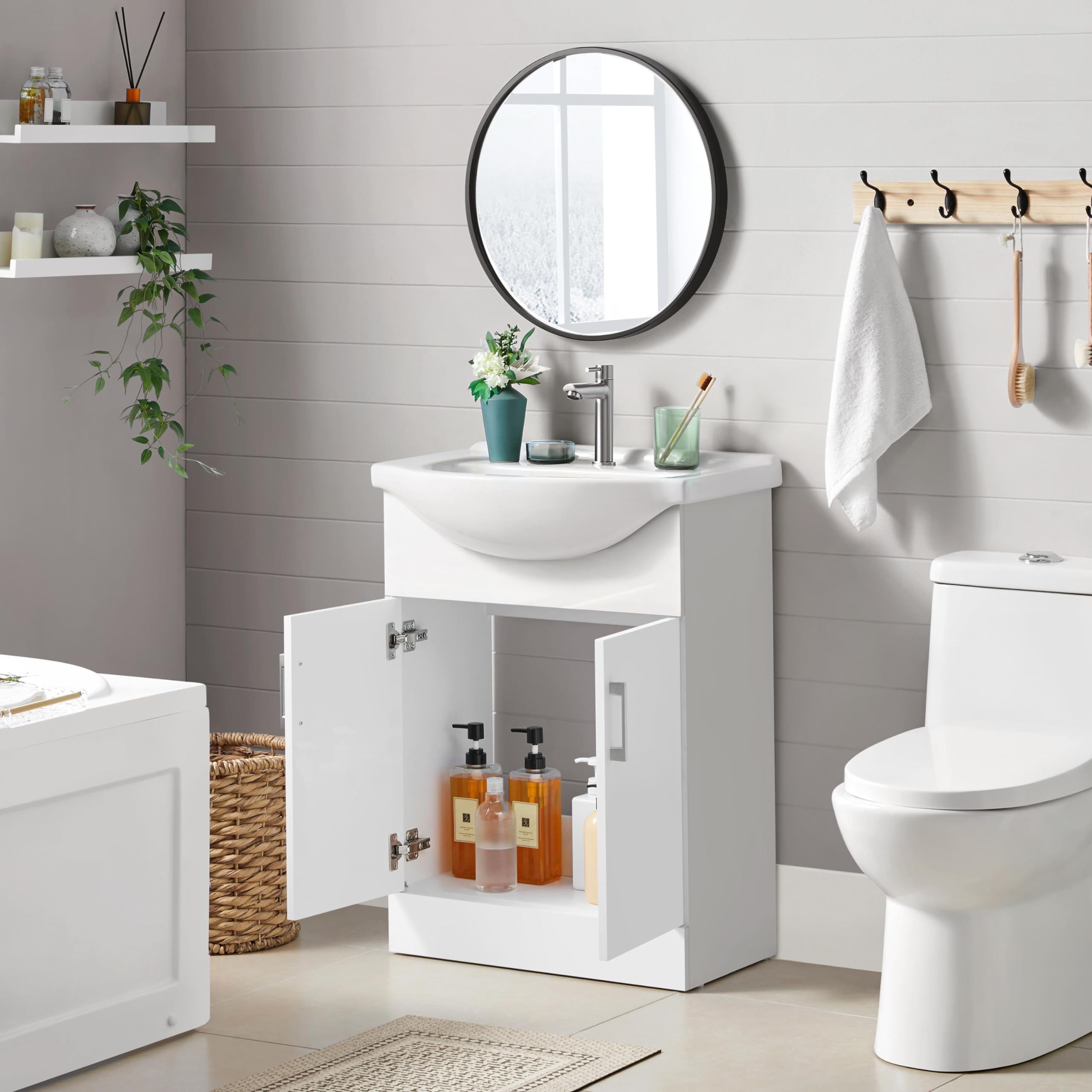 Yaheetech Mobile Bagno con Lavabo in Ceramica Armadietto a Terra con Lavandino Set Mobile da Bagno Moderno 61 × 43,5 × 84 cm Bianco