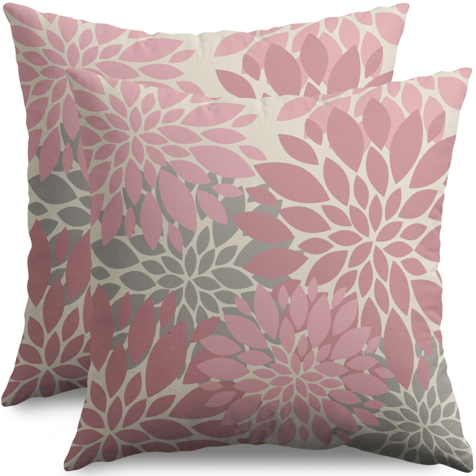 Smozenith Pink Grey Gray Pillow Covers 18X18 Inch Set of 2, Dahlia Flower Spring Summer Floral Cream Decorative Throw Pillow Covers Outdoor Modern