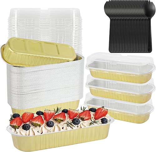 Miniatura 8 de Mini moldes de aluminio para pan, 50 moldes rectangulares desechables de 6.8 onzas de 6.8 fl oz, mini moldes para tartas con tapas, sartenes de