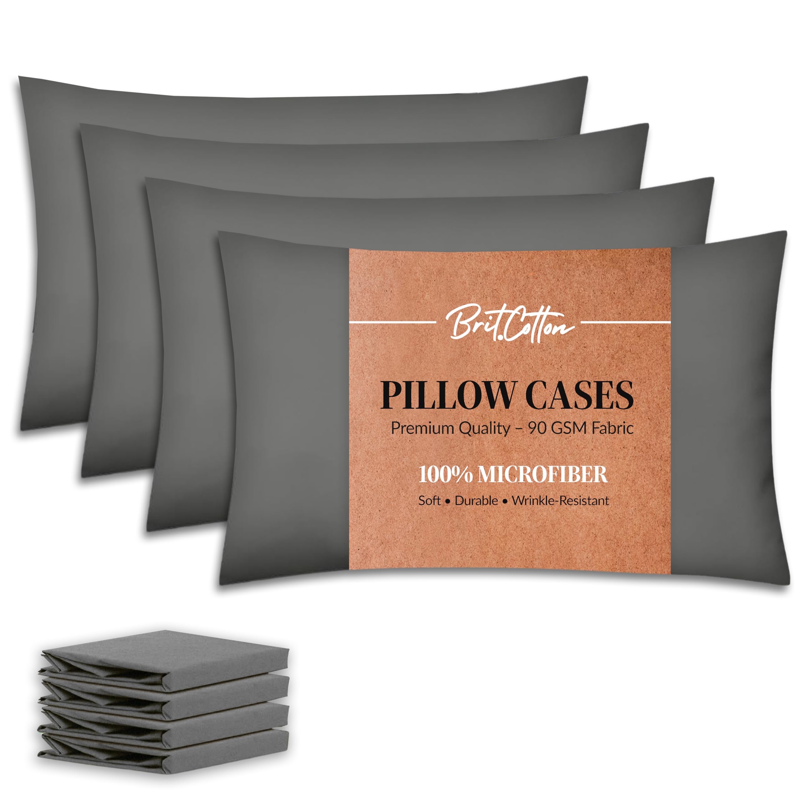 Brit Cotton-Grey Pillow Cases 4 Pack-1800 Super Soft 100% Brushed Microfibre Pillowcases-Envelope Closure-Non Iron,Breathable,Fade & Stain Resistant - Standard Size (50x75cm) Pillow Covers