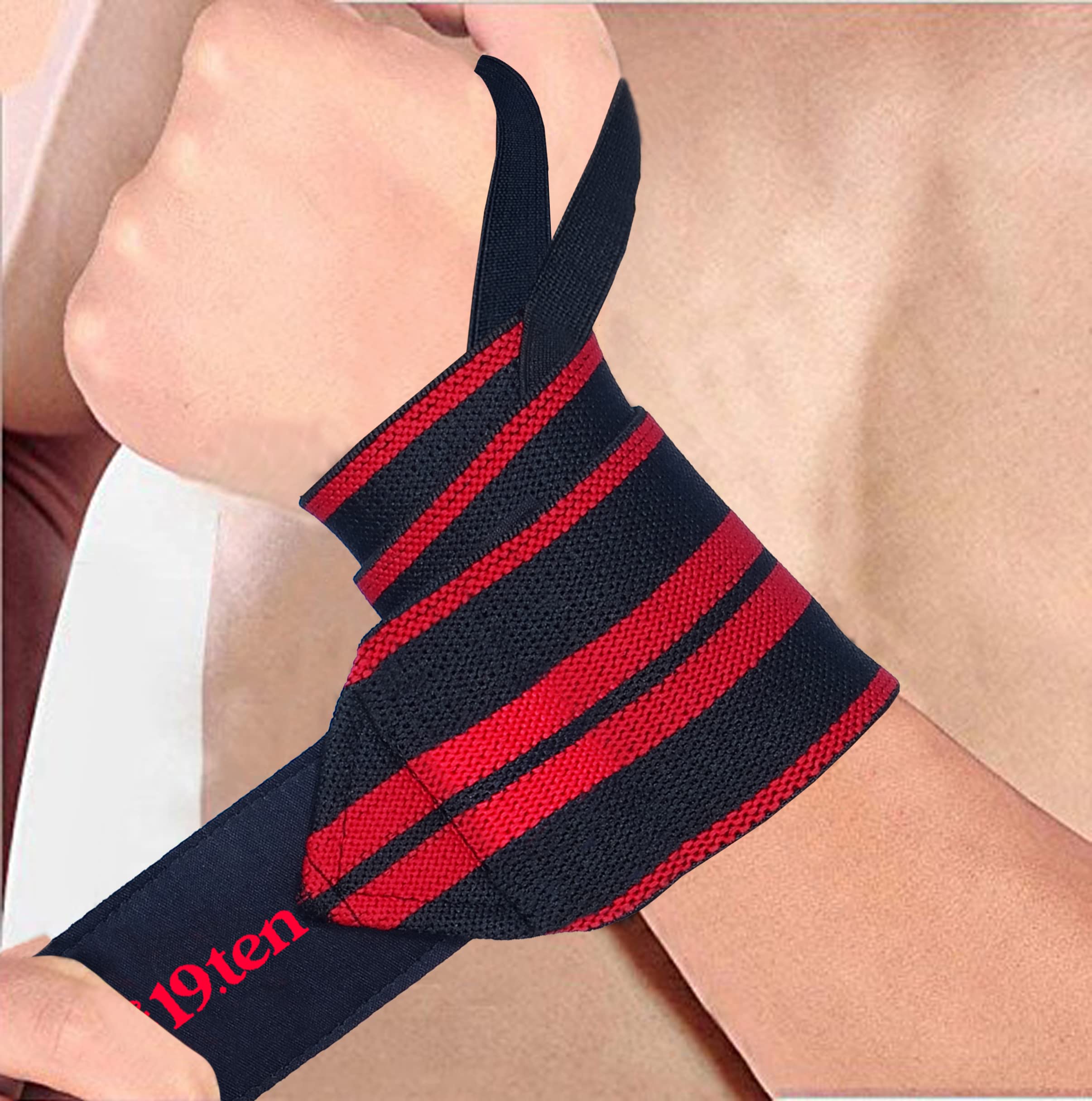 19.ten Unisex Cotton and Rubber Threads Sree Gloves for Gym Workout Weightlifting Competition Reduces Risk of Injuries Sprain 75 mm Wide Wrist Wrap Support (20 Inches Pair, Red Line)