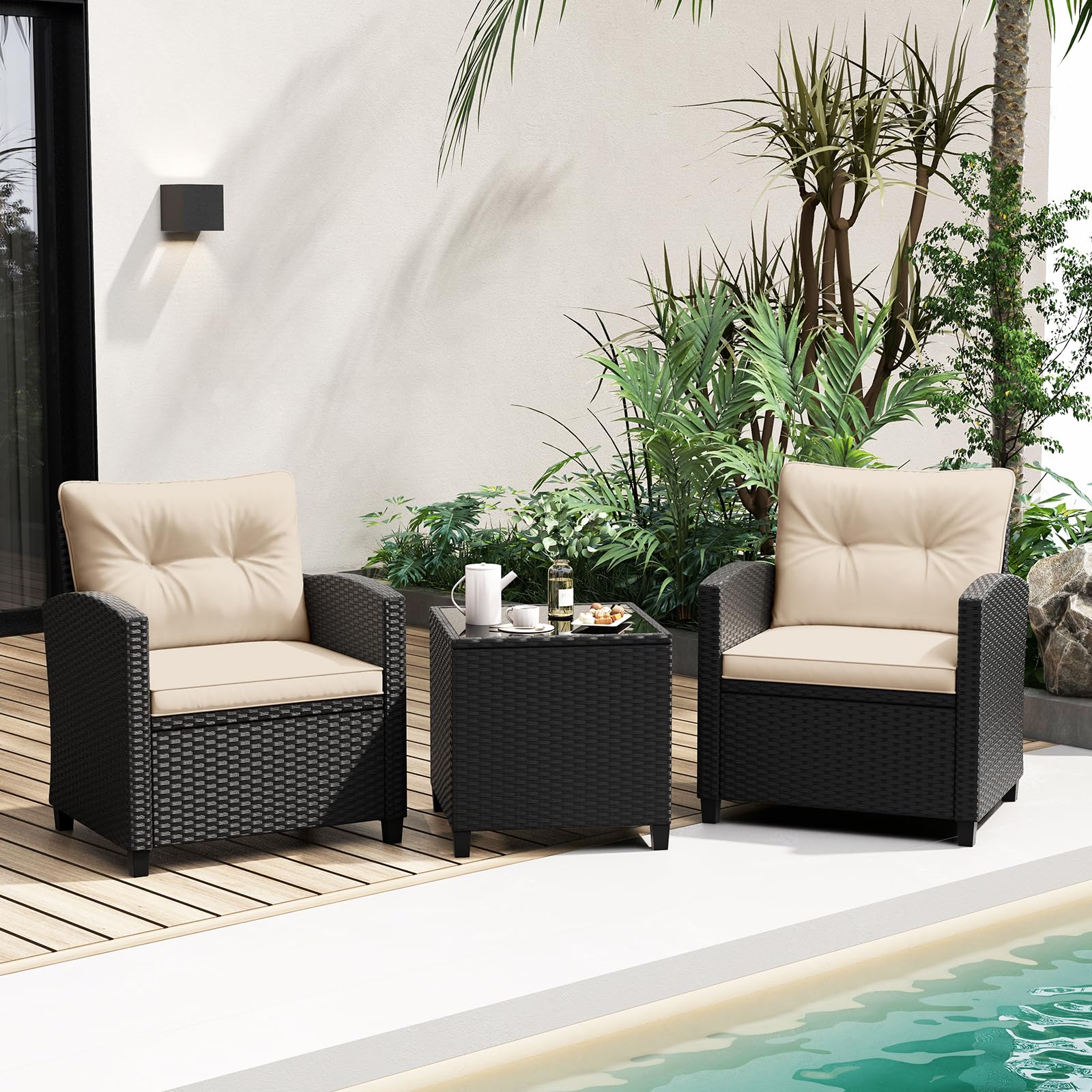 RELAX4LIFE 3-Piece Patio Furniture - Wicker Rattan Bistro Sofa Set w/Glass Top Coffee Table, Washable Cushions for Porch Balcony Backyard Poolside,