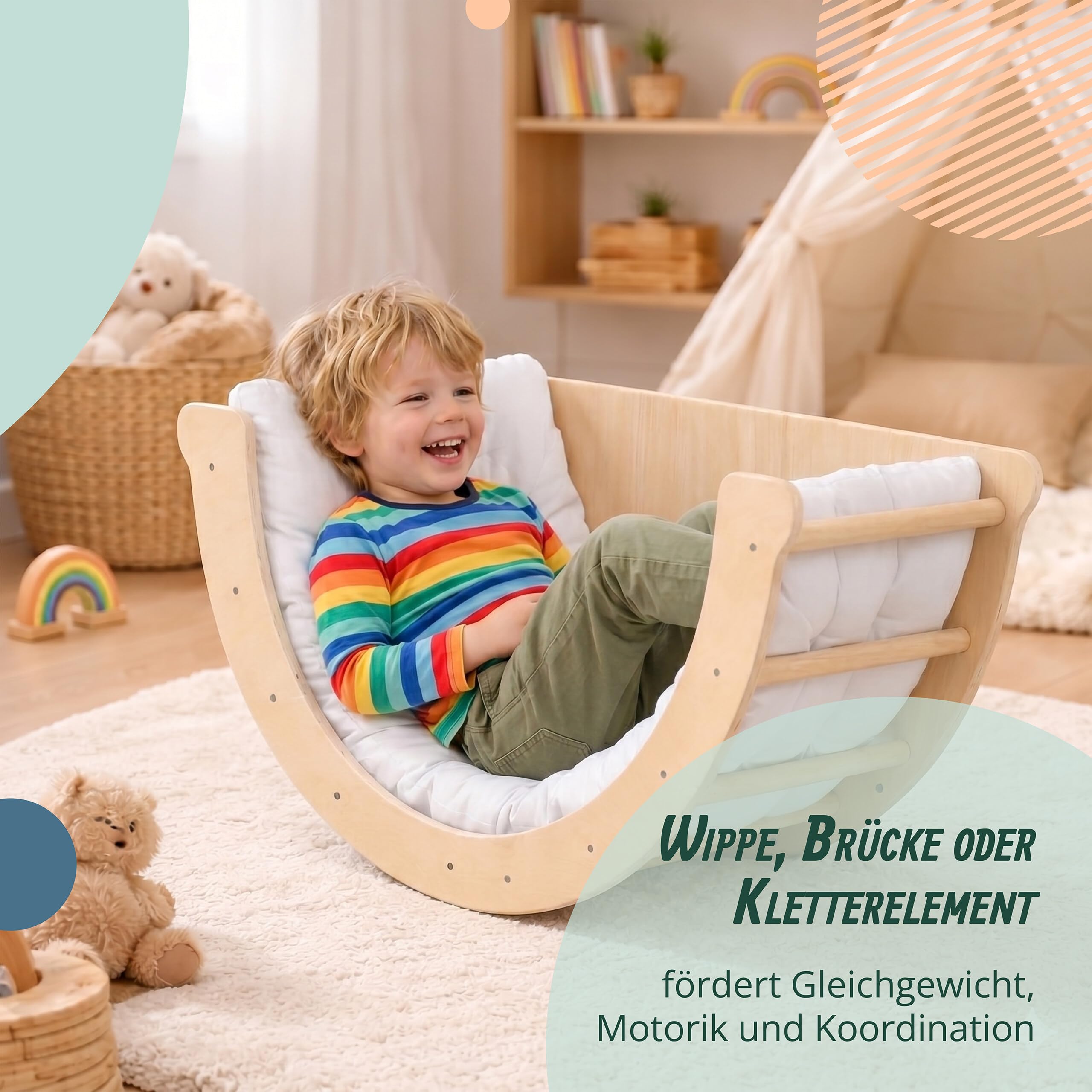 Relaxdays Kletterbogen für Kinder, ab 18 Monaten, Holz, Kissen, Natur/weiß