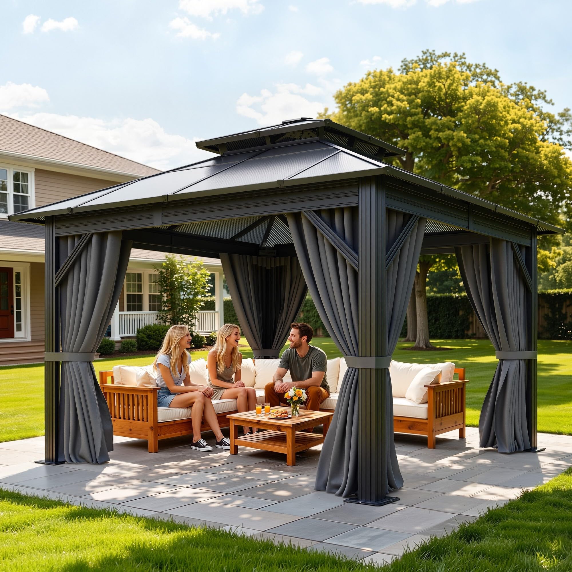 Photo 1 of ***BOX 1 OF 2 - #2 MISSING -SELLLING AS INCOMPLETE PARTS ONLY*** YITAHOME 10x10FT Gazebo Polycarbonate Hardtop Double Roof Canopy Outdoor with Netting and Shaded Curtains, Metal Frame Garden Tent for Patio, Backyard, Deck and Lawns, Grey