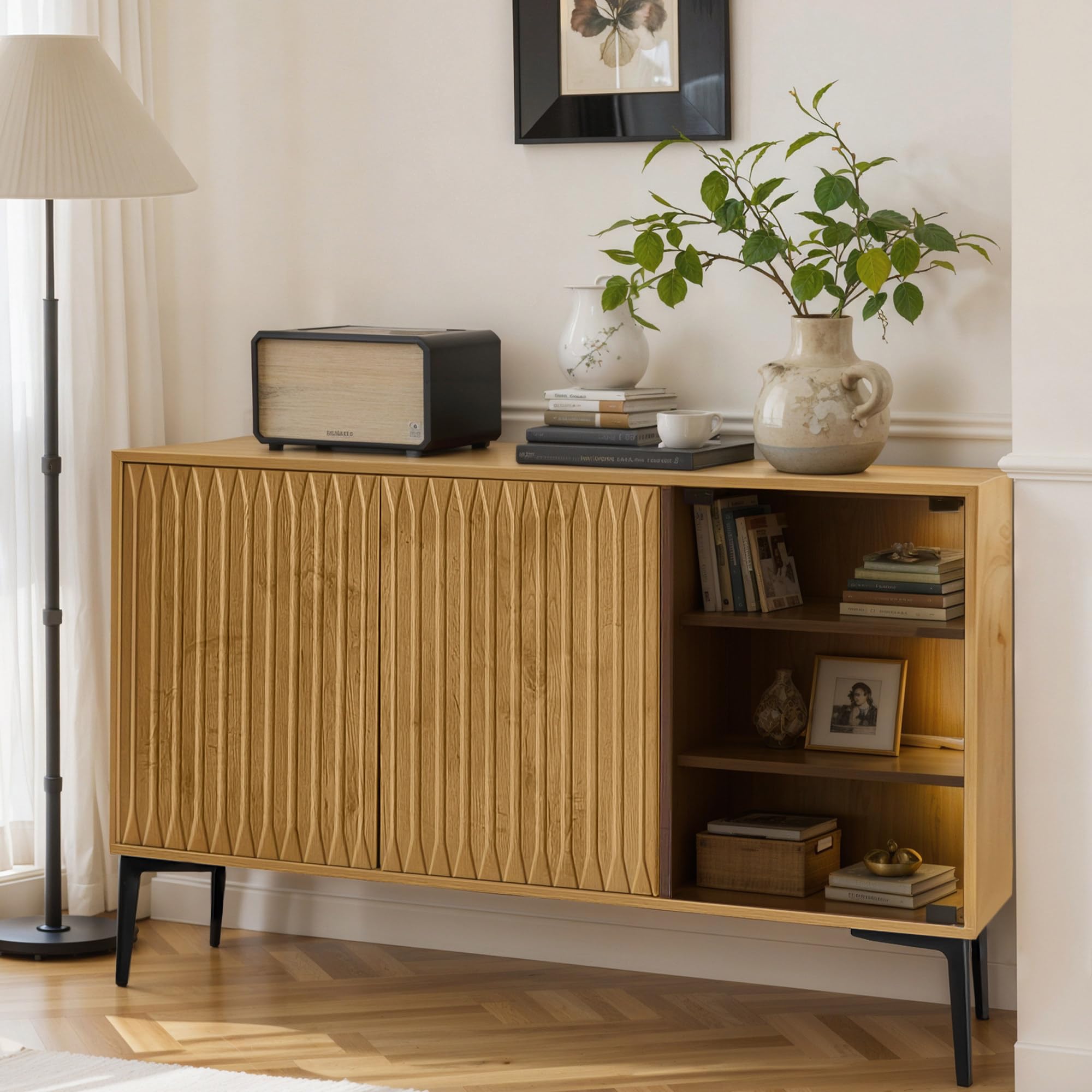 Aparador con Tira de Luz LED, Elegante Vitrina Retro con Puertas de Vidrio Transparente Curry, Aparador Estilo Campestre, Mueble de Cocina Comedor, 120 x 35 x 57 cm, Mueble de Salón