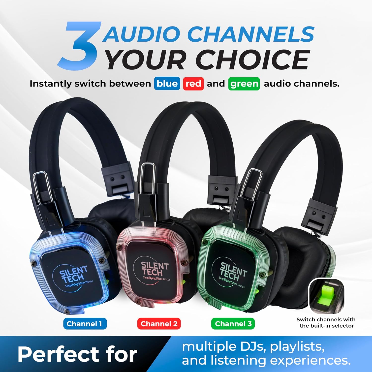 Silent Disco Headphones RF309 – Wireless 3 Channel Silent Disco Headset – Compatible with TX-50-RF & TX-60-RF Transmitters – Foldable Rechargeable RGB LED Party Headphones