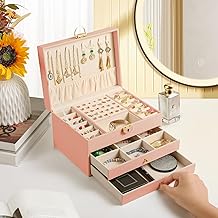 3 Layer Jewelry Box, Jewelry Holder with Lockable Drawer, Large Jewelry Boxes & Organizer with Velvet Earring Holder, Gifts for Mom Women