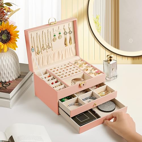 Coobest 3 Layer Jewelry Box, Jewelry Holder with Lockable Drawer, Large Jewelry Boxes & Organizer with Velvet Earring Holder, Gifts for Mom Women