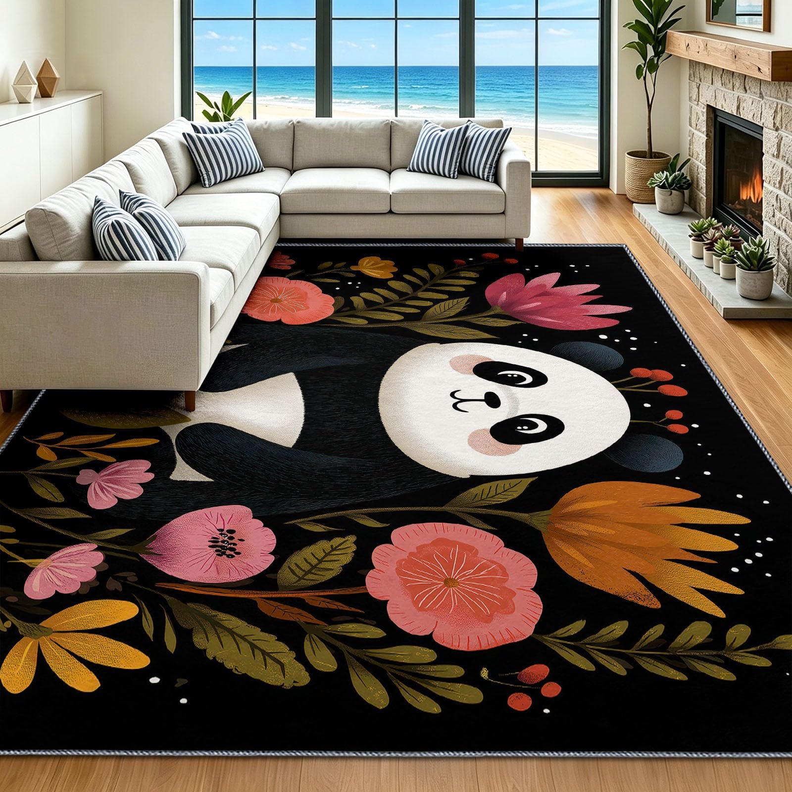 Tapis entree interieur poil ras noir floral panda chambre 60x90