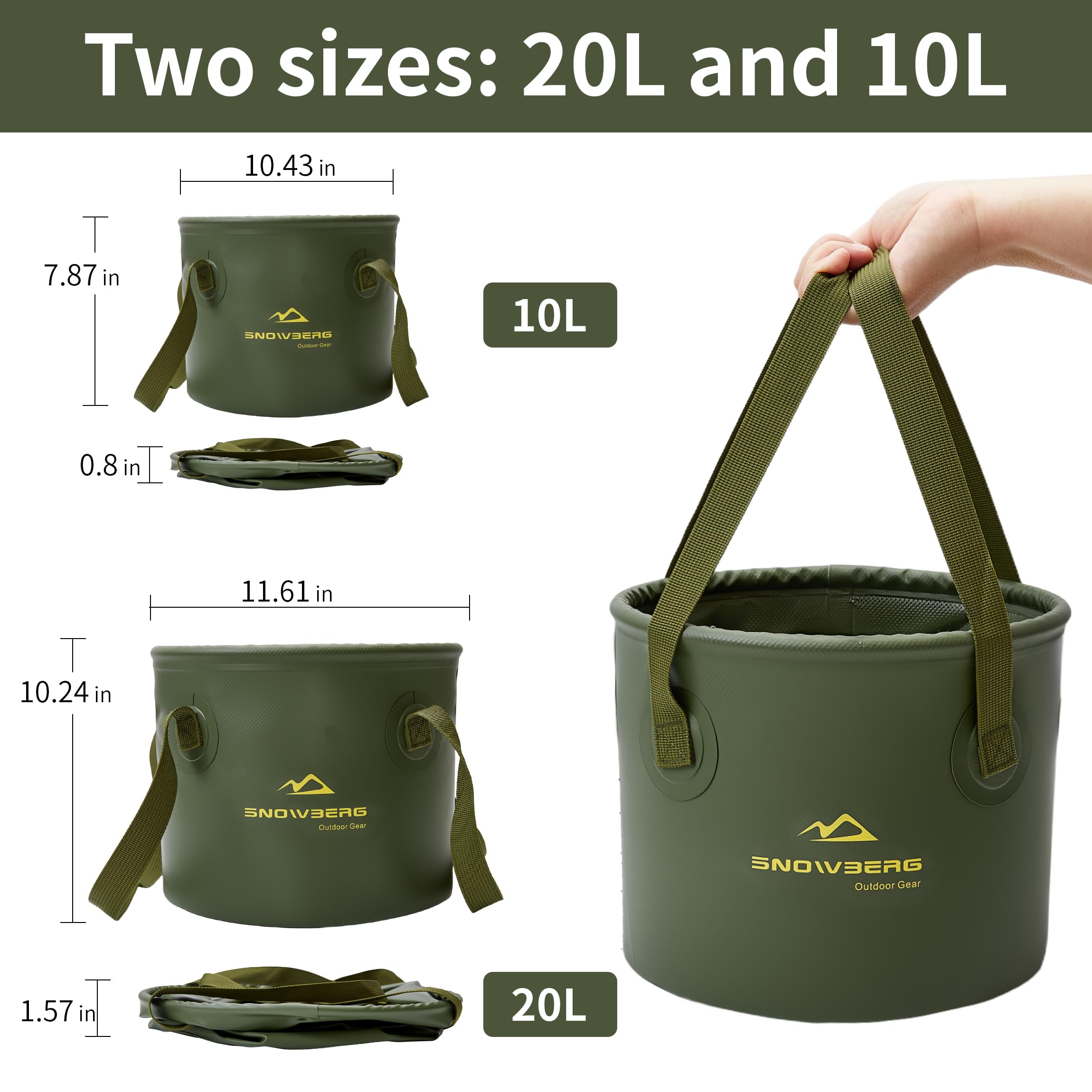Zusammenklappbarer Eimer, 10 l, geeignet für Angeln, Autowäsche, Camping, Fuß-Spa, mit großem Fassungsvermögen und Griff für einfachen Transport, Grün, 20 l