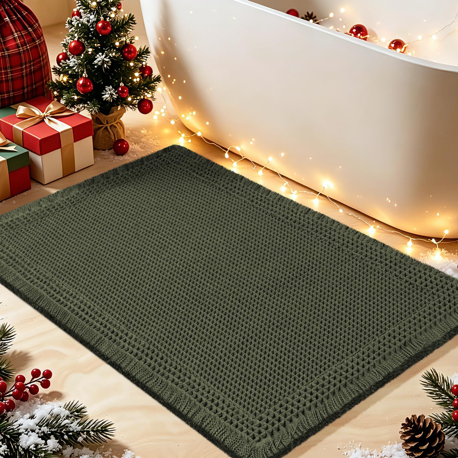 Waffle Bath Mat, Boho Woven Modern Bath Rug Absorbent Non Slip, Ultra Soft Bathroom Mats, Machine Washable Knit Bath Rugs with Border for Bathroom, Bedroom, Kitchen, Shower, Tub, 32"x20", Dark Green