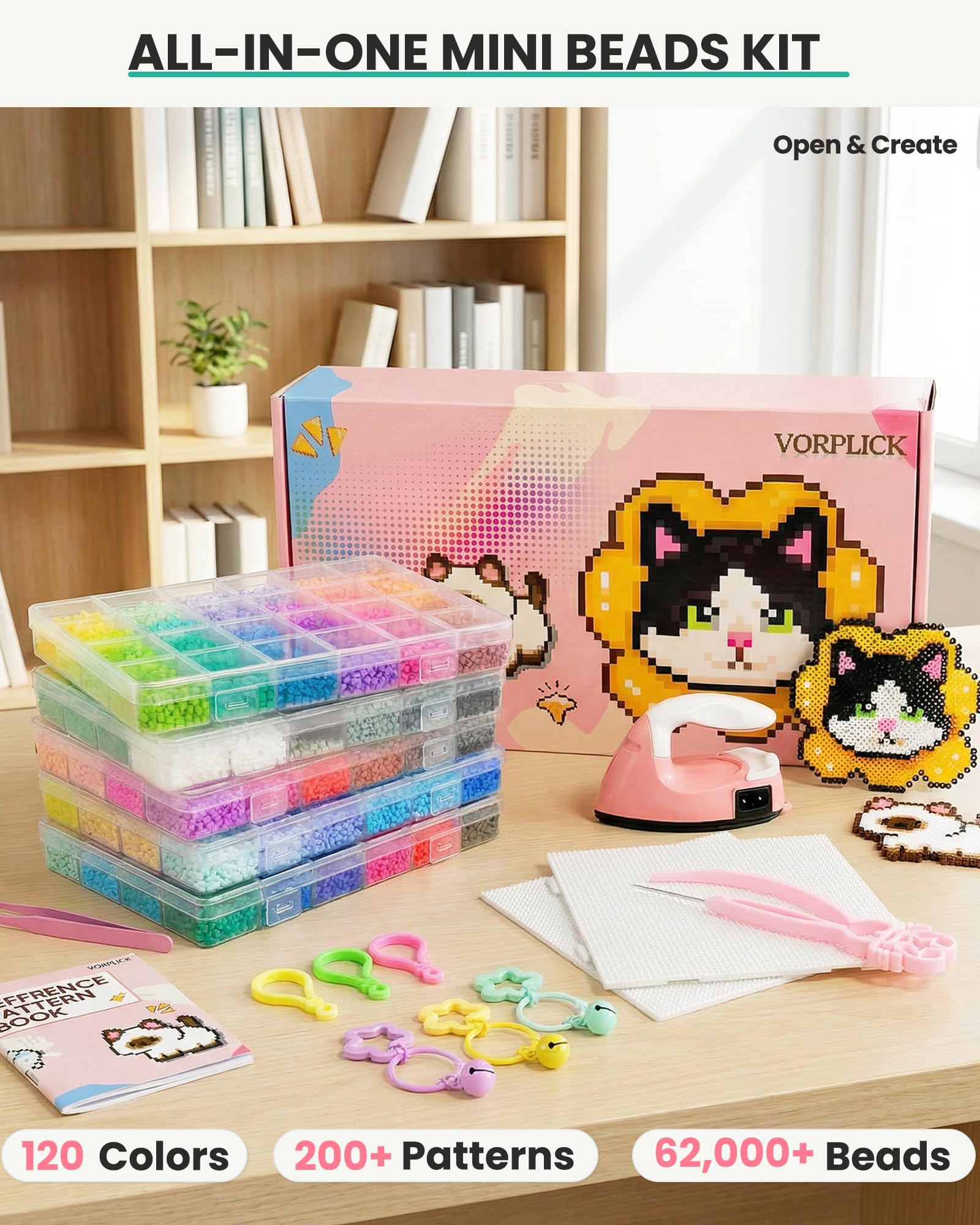 Fuse Beads Kit-120 Colors 62000 2.6mm-Easy DIY, Built-in Iron | DIY Crafts Supplies for Women, Great Supplies for Fuse Beads Artist, Art Decorations for Room, Ideal Gift,Pixel Art (Advanced Version)