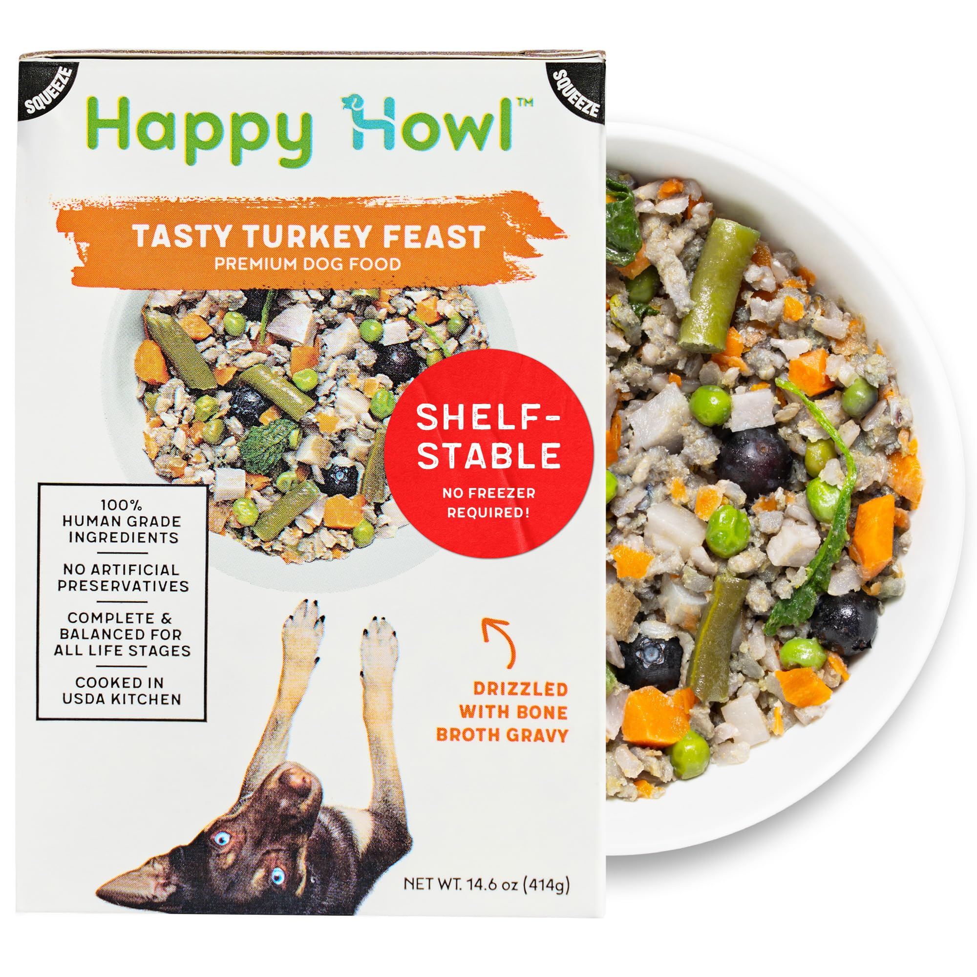 Happy Howl Human Grade Fresh Dog Food, Tasty Turkey Feast - Gently Cooked Wet Food - Shelf Stable, Chicken-Free, No Preservatives, No Freezer Required