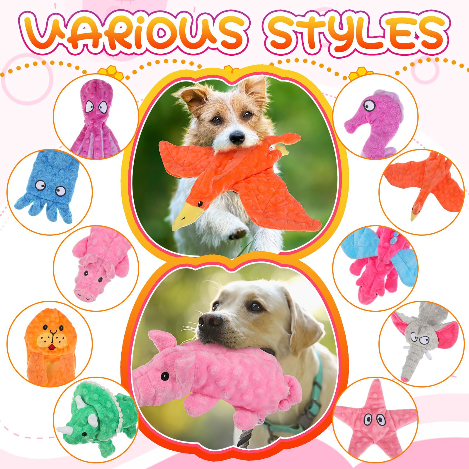 Sratte Lot de 10 jouets couineurs pour chien sans rembourrage - Jouet froissé pour mâcheurs agressifs - Jouets à mâcher pour animaux de compagnie de petite, moyenne et grande taille, 10 styles (styles
