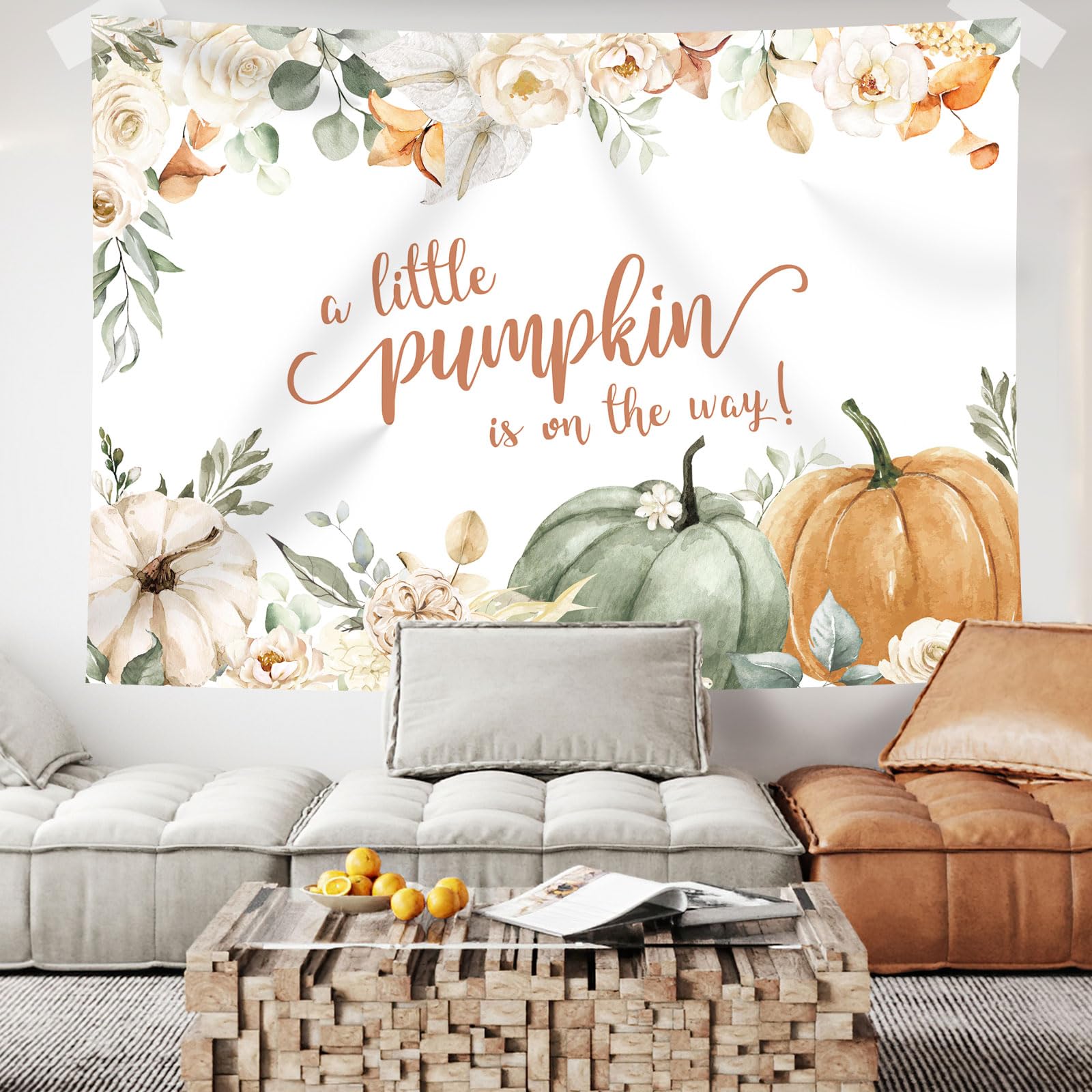 Pumpkin Baby Shower Backdrop - 5.9x3.6ft Orange White Floral 'A Little Pumpkin Is On The Way' Banner
