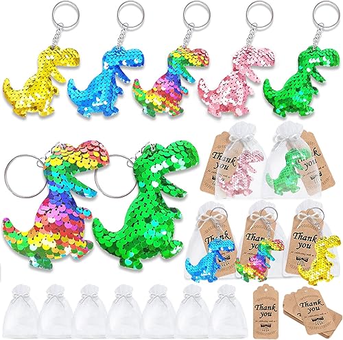 CiciBear Paquete de 60 regalos de cumpleaños de dinosaurio para invitados con 20 llaveros de lentejuelas, 20 tarjetas y 20 bolsas para niños,