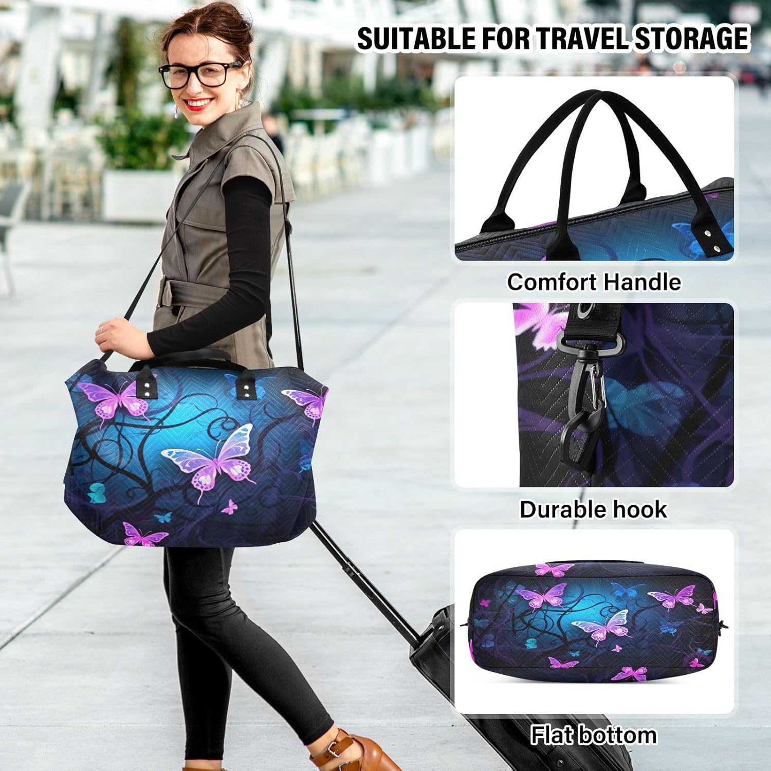 YETTASBIN Travel Duffel Bag for Women Men, Purple Blue Butterfly Large Waterproof Weekender Overnight Bag, Detachable Shoulder Strap Travel Sport Gym Bag with Toiletry Bag