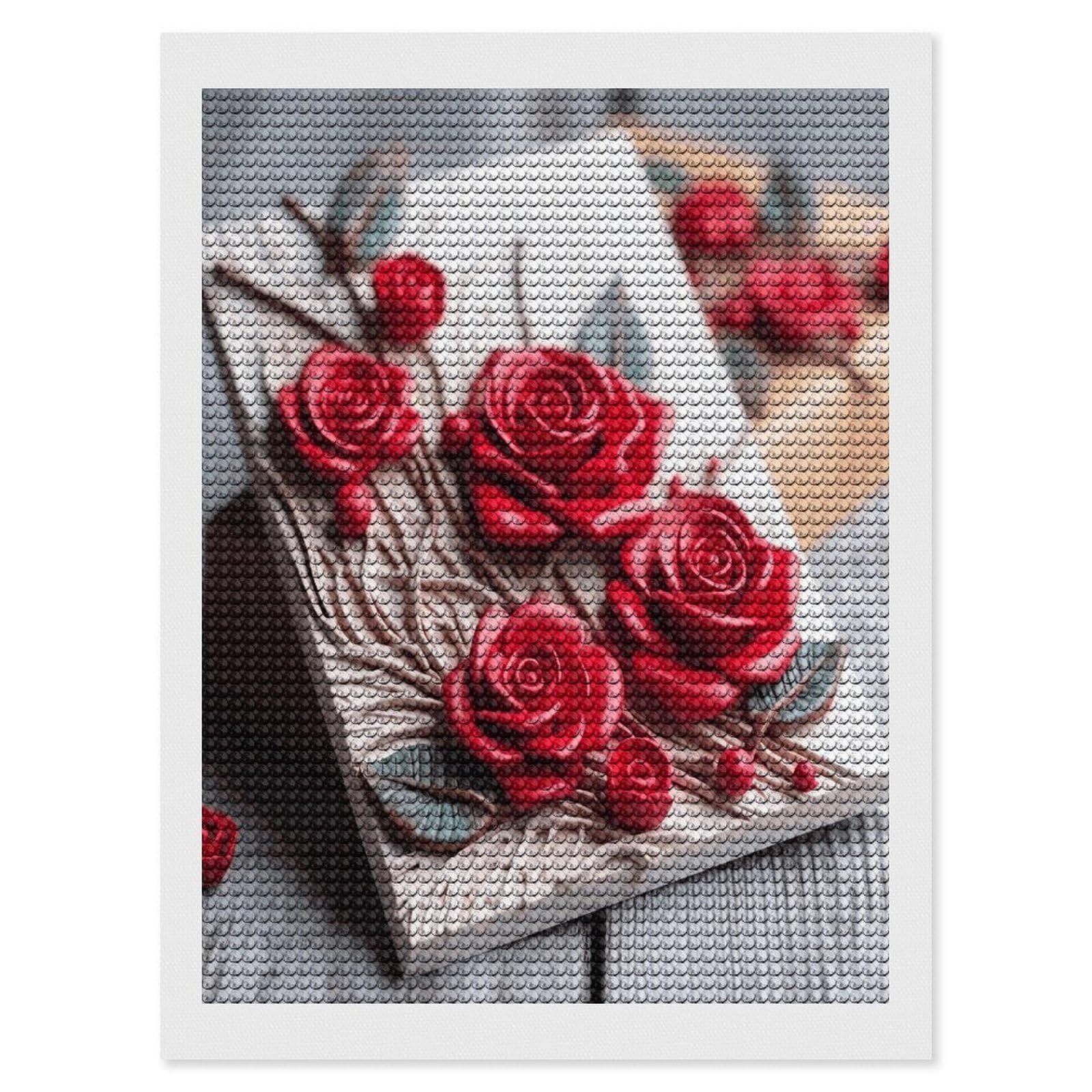 FekiLoot Roses on Wooden Board Diamond Art Kits for Adults Diamond Painting Kits for Beginners DIY Diamond Art Kits Round Full Drill Diamond Dot Gem Painting for Home Wall Decor Gift 12"x16"