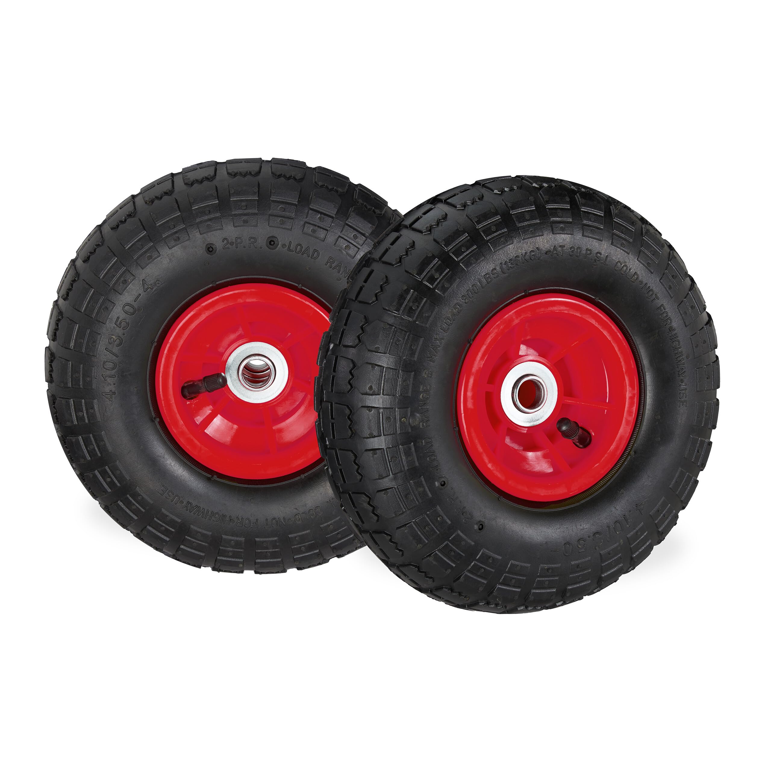 Relaxdays Set 2 Ruedas Carretilla 4.1/3.5-4, Neumáticos de Recambio, Eje de 16mm, hasta 136 kg, 260x85mm, Negro-Rojo