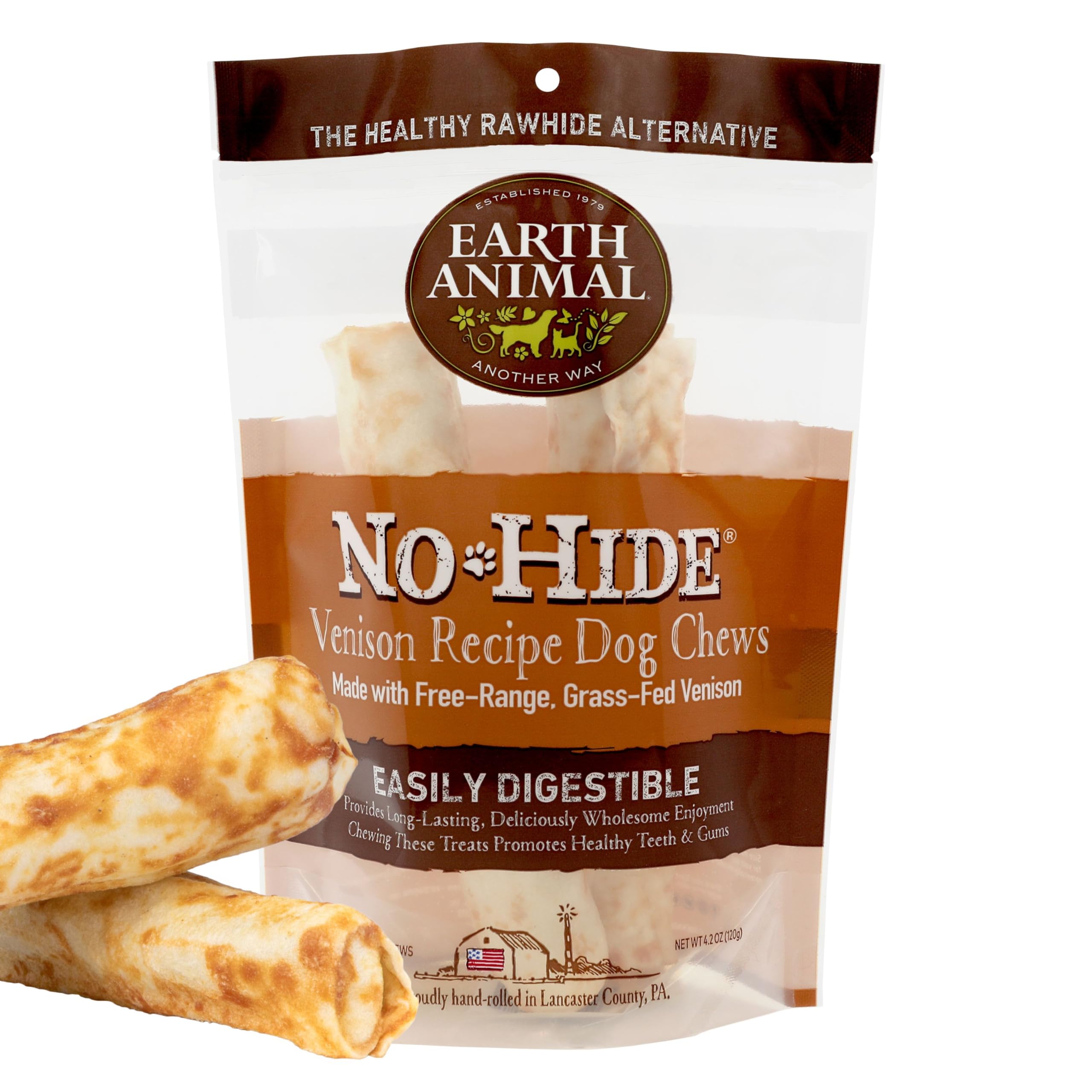 Earth Animal No-Hide Medium Snack Naturali Senza Pelle aromatizzati al Cervo Snack da Masticare a Lunga Durata per Cani | Snack per Cani di Media Taglia (Confezione da 1)