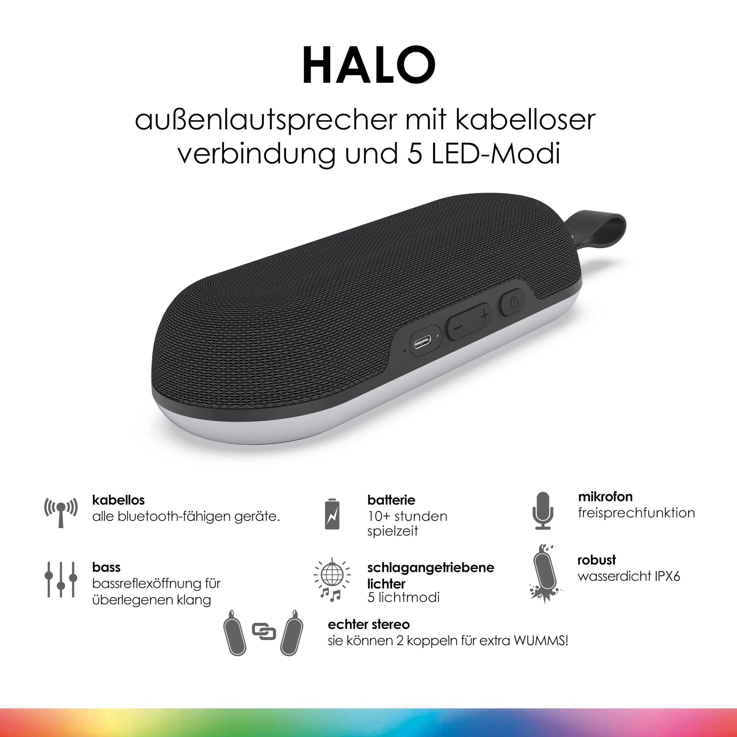 Boompods Halo Kleiner Bluetooth Lautsprecher - Tragbarer Outdoor Lautsprecher mit Mikrofon, IPX6 Wasserdicht und 5 Std. Spielzeit, Kabelloser Party Musikbox mit LED-Lichtshow für Reise und Party