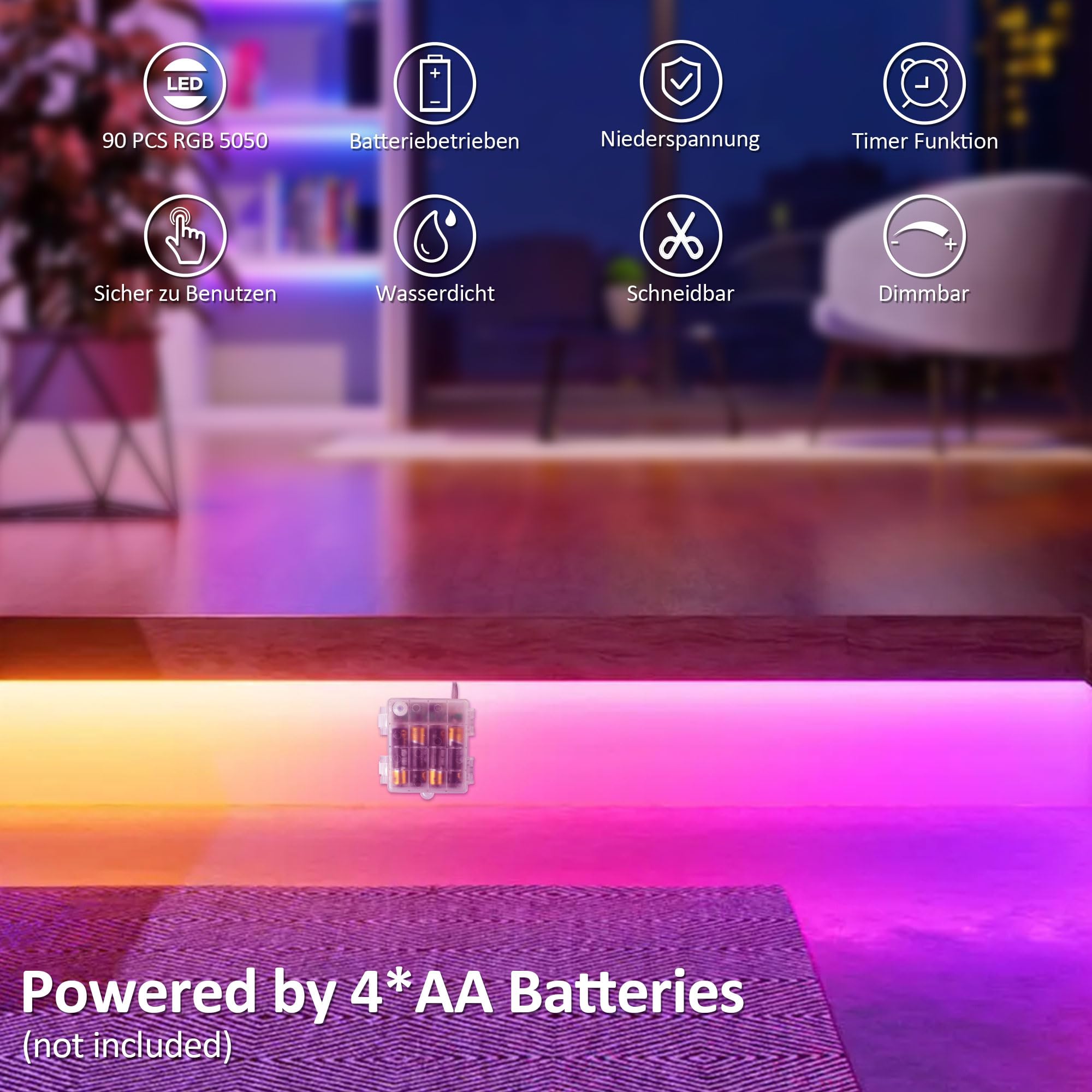 SOAIY 2M Striscie LED Adesive con Sensore Movimento,Catena LED Tagliabile Ricaricabile da 2200mAh per Corridoio Sottomobili Sottopensile,2Modalità 3Colori per Armaido,Vetrine,Illuminazione TV, Scale