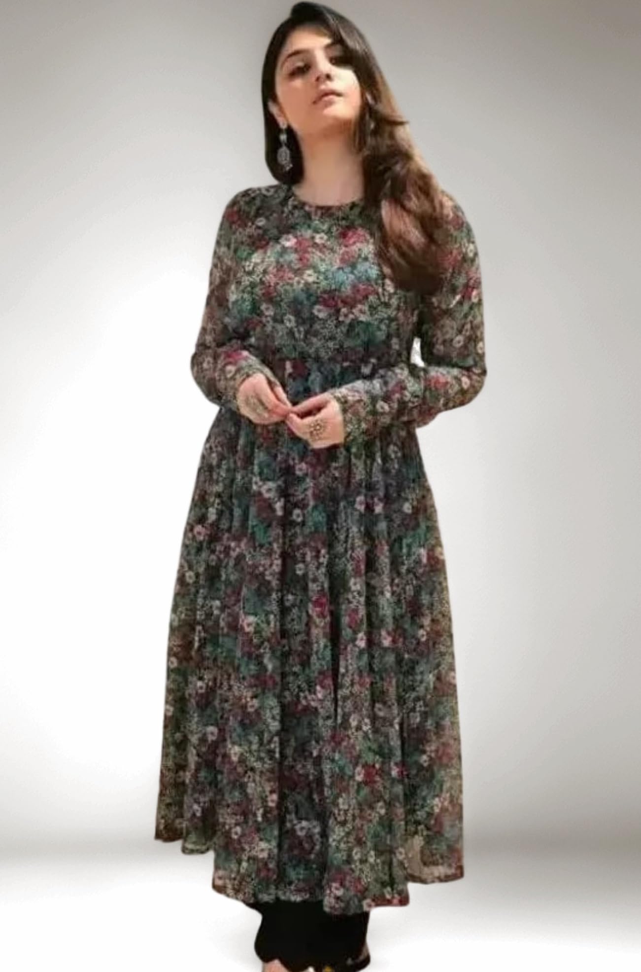 anarkali dress knee length Womens Georgette Anarkali Dress With Full Sleeves Floral Printed Knee